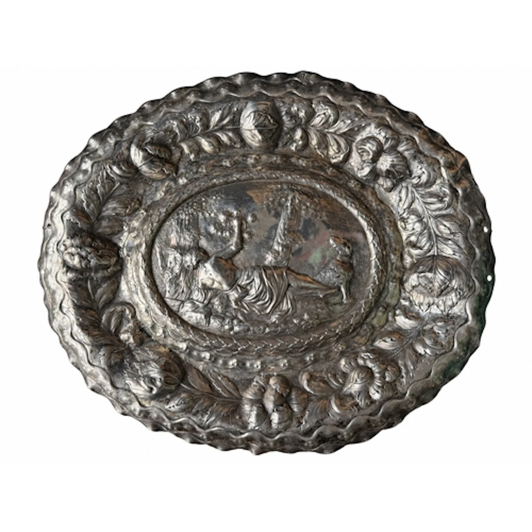 A large German repoussé silver dish or Schauplatte, Augsburg...