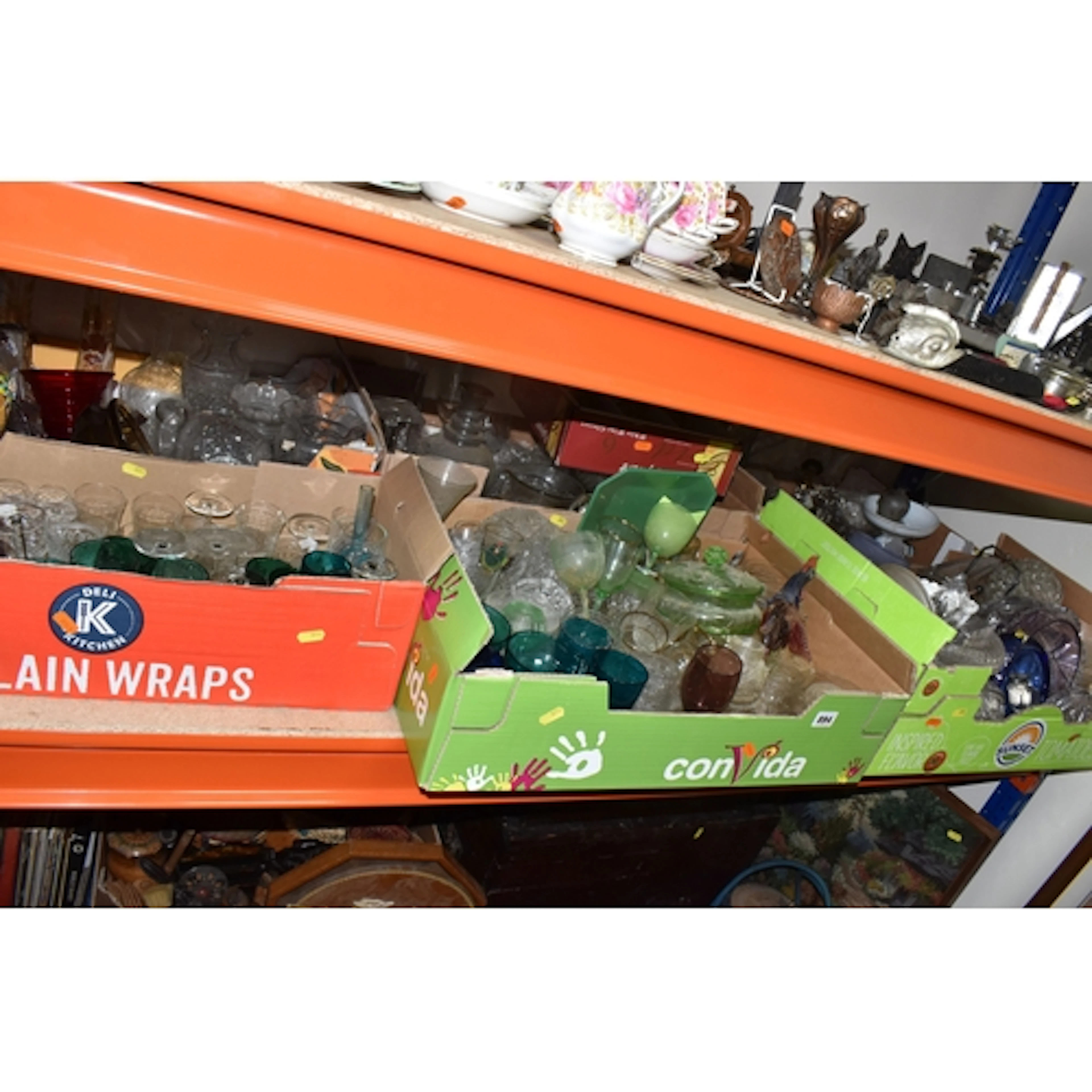 SIX BOXES OF GLASSWARE, to include a uranium glass covered b...
