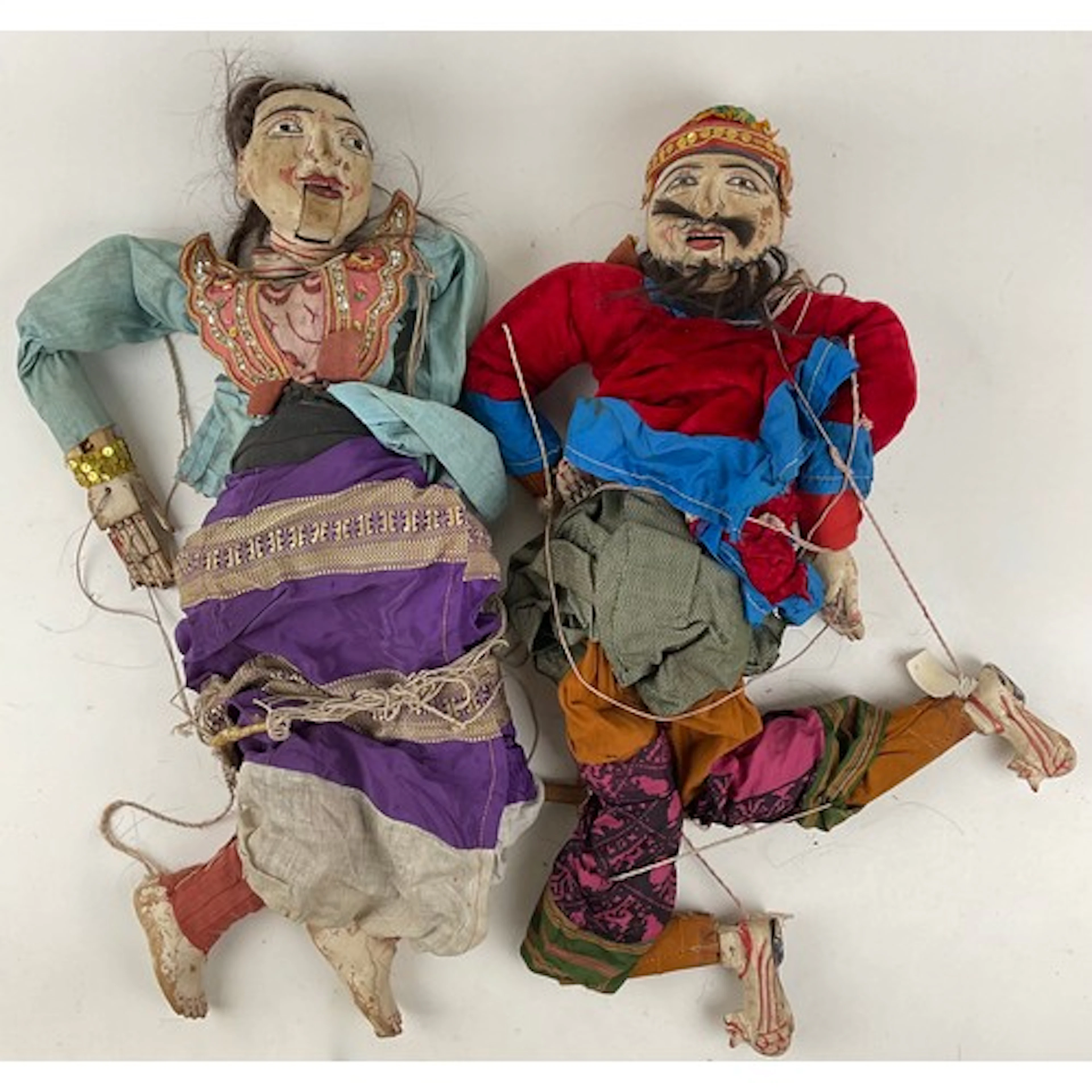 A Burmese giltwood marionette puppet, man and wife, human ha...