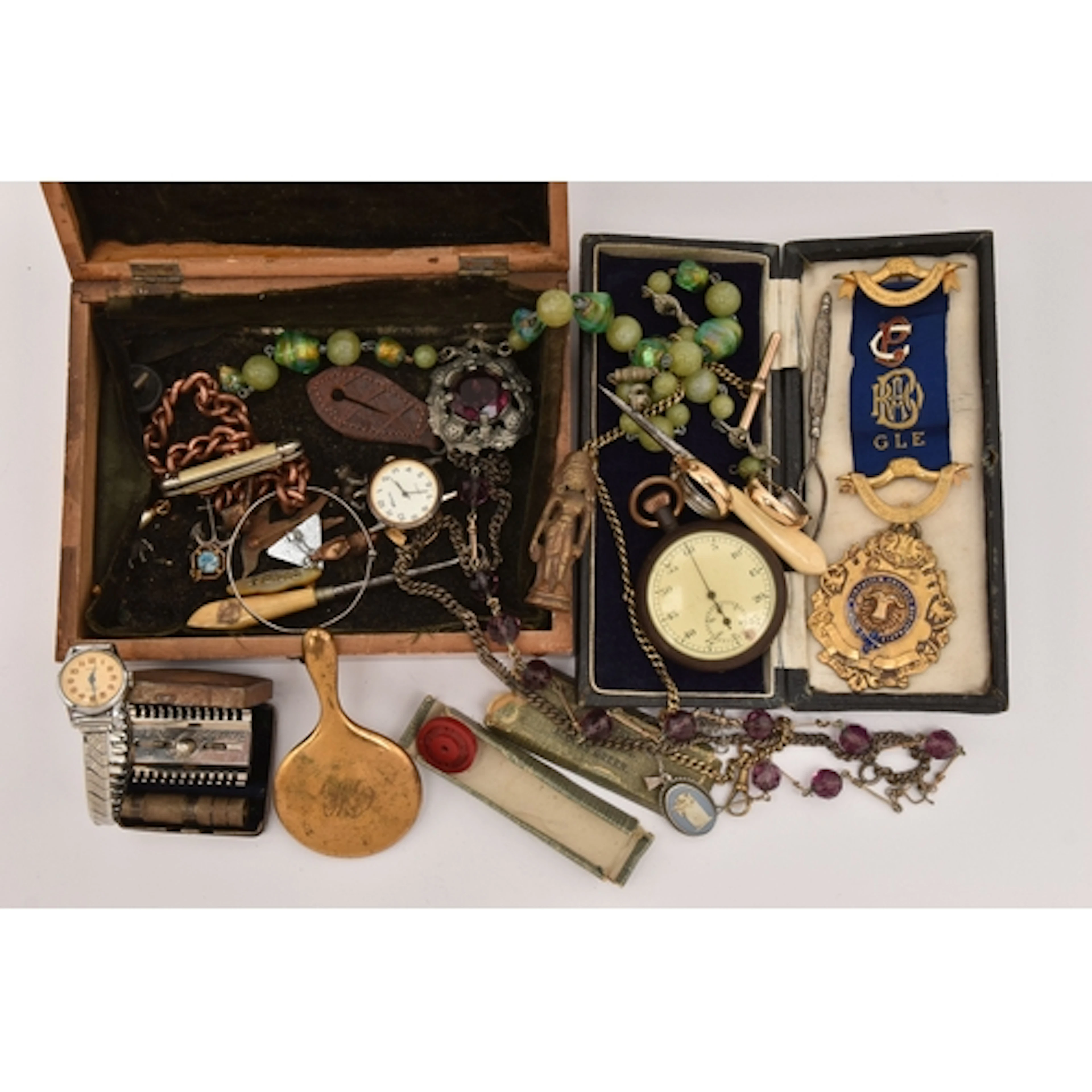 A SMALL WOODEN BOX OF ASSORTED COSTUME JEWELLERY, to include...