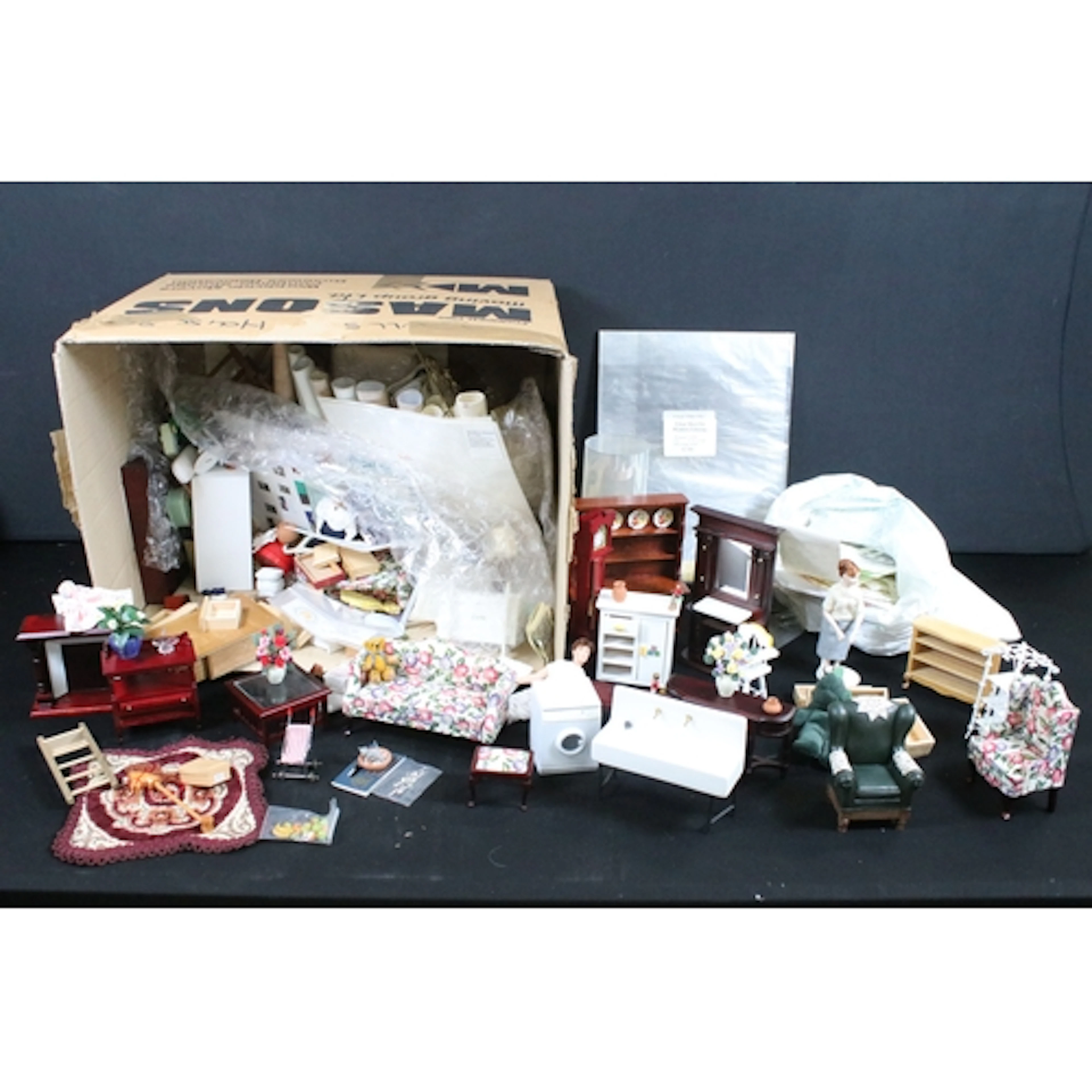 Collection of dolls house furniture, dolls, clothing and acc...