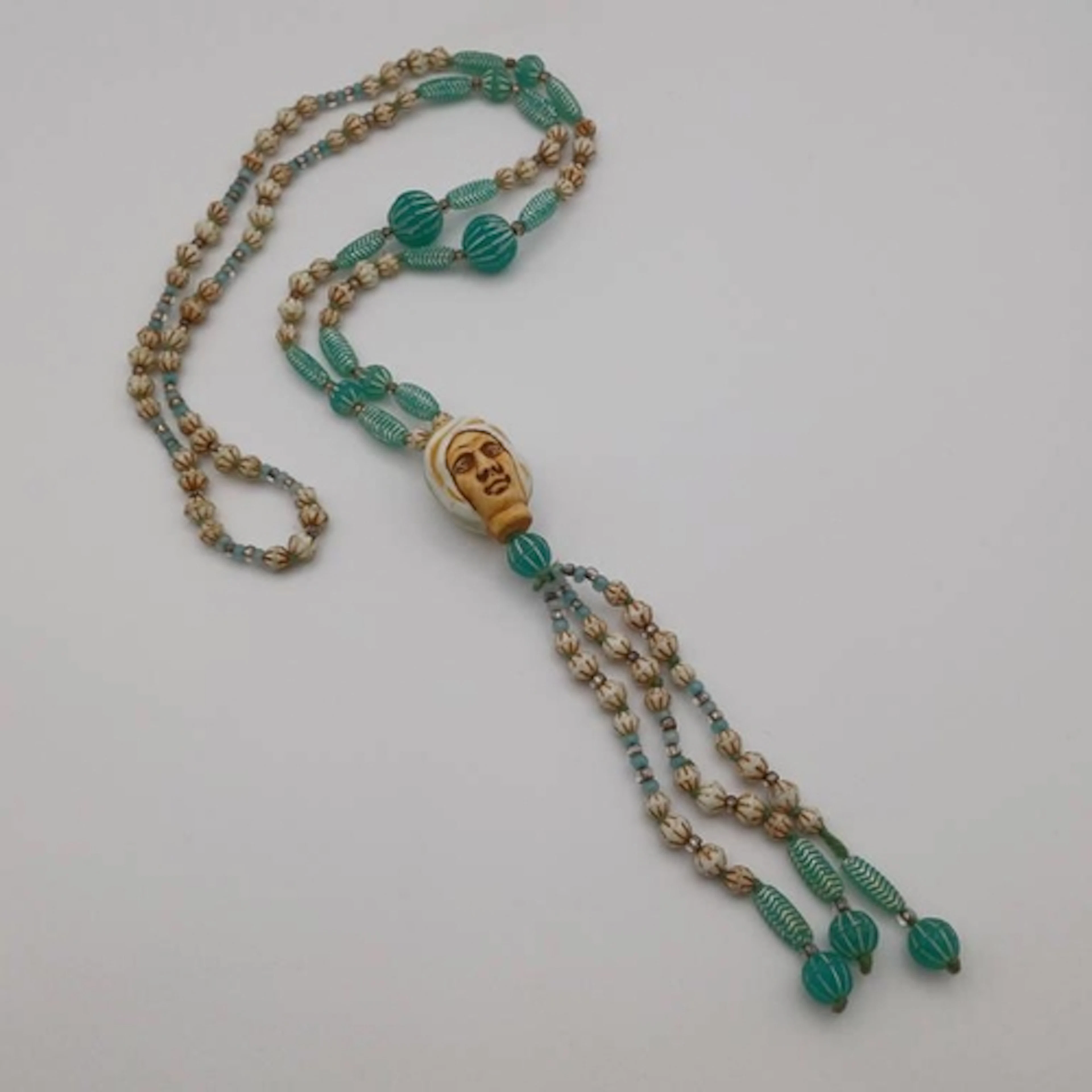 ART DECO URANIUM GLASS BEAD EGYPTIAN REVIVAL NECKLACE