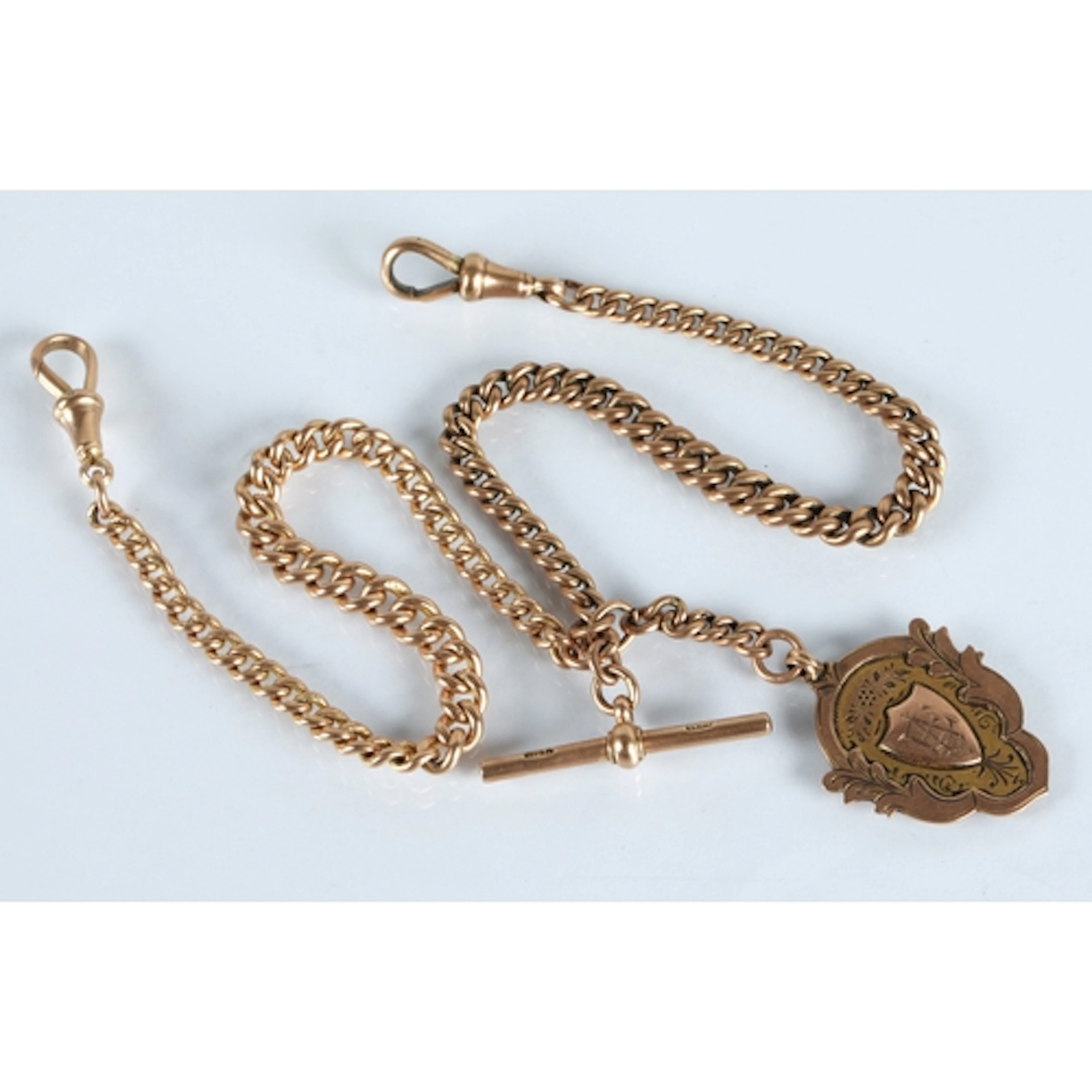 9ct gold double albert watch chain with T-bar and 9ct gold m...