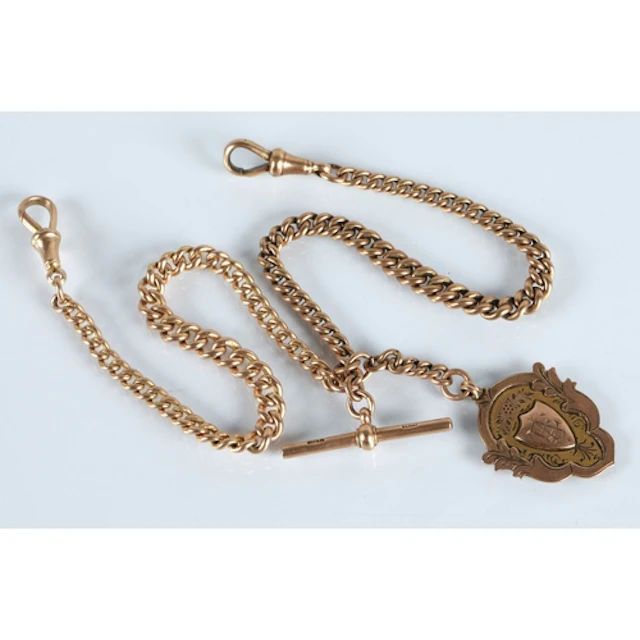 9ct gold double albert watch chain with T-bar and 9ct gold m...