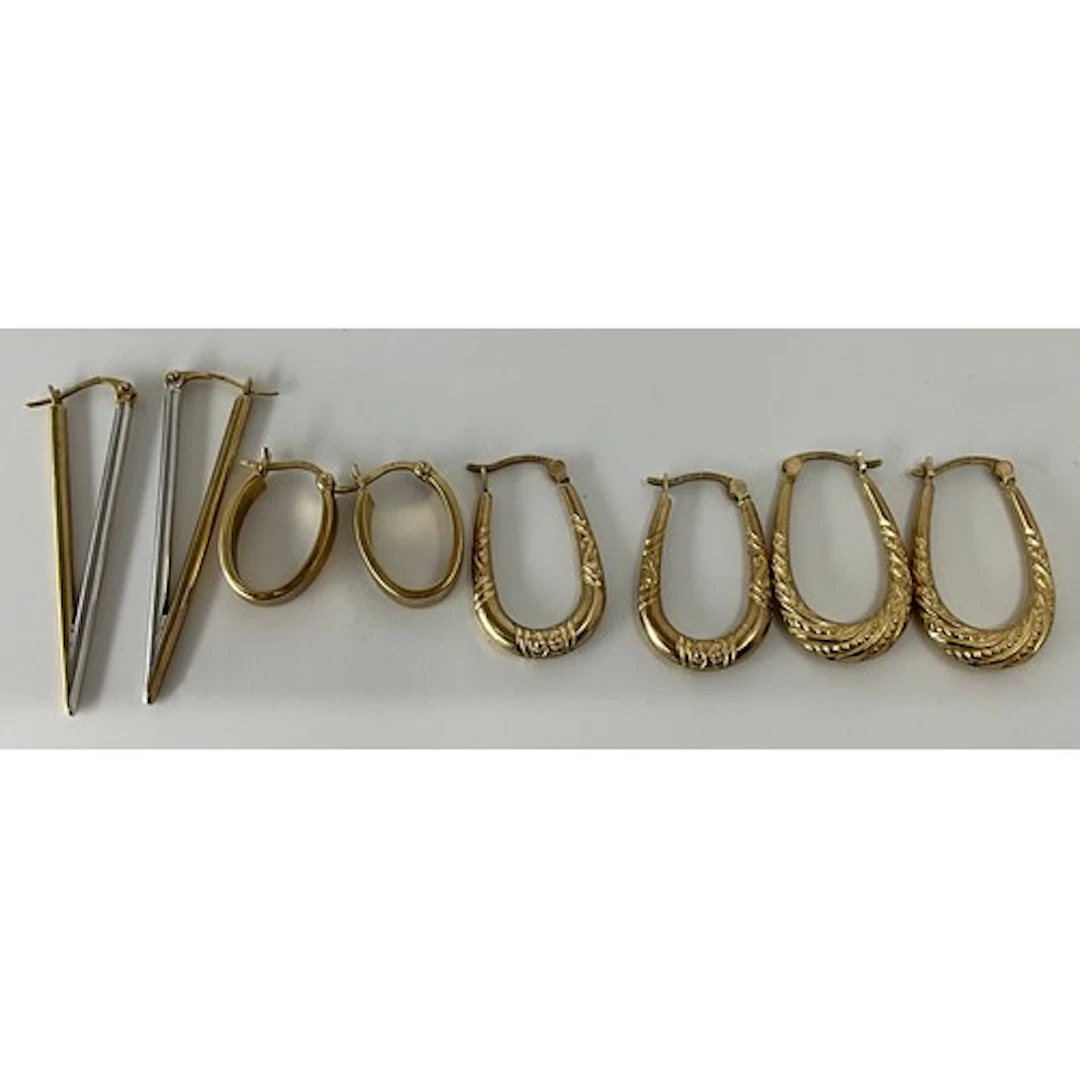 Earrings - four pairs of 9ct gold hoop and V earrings, 5.6g