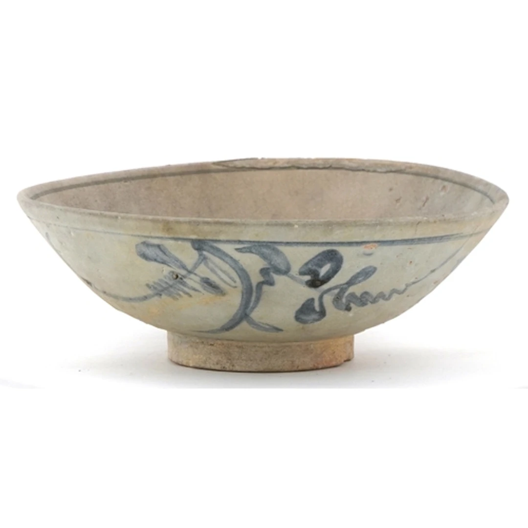 Antique Chinese stoneware footed bowl with blue-grey celadon...