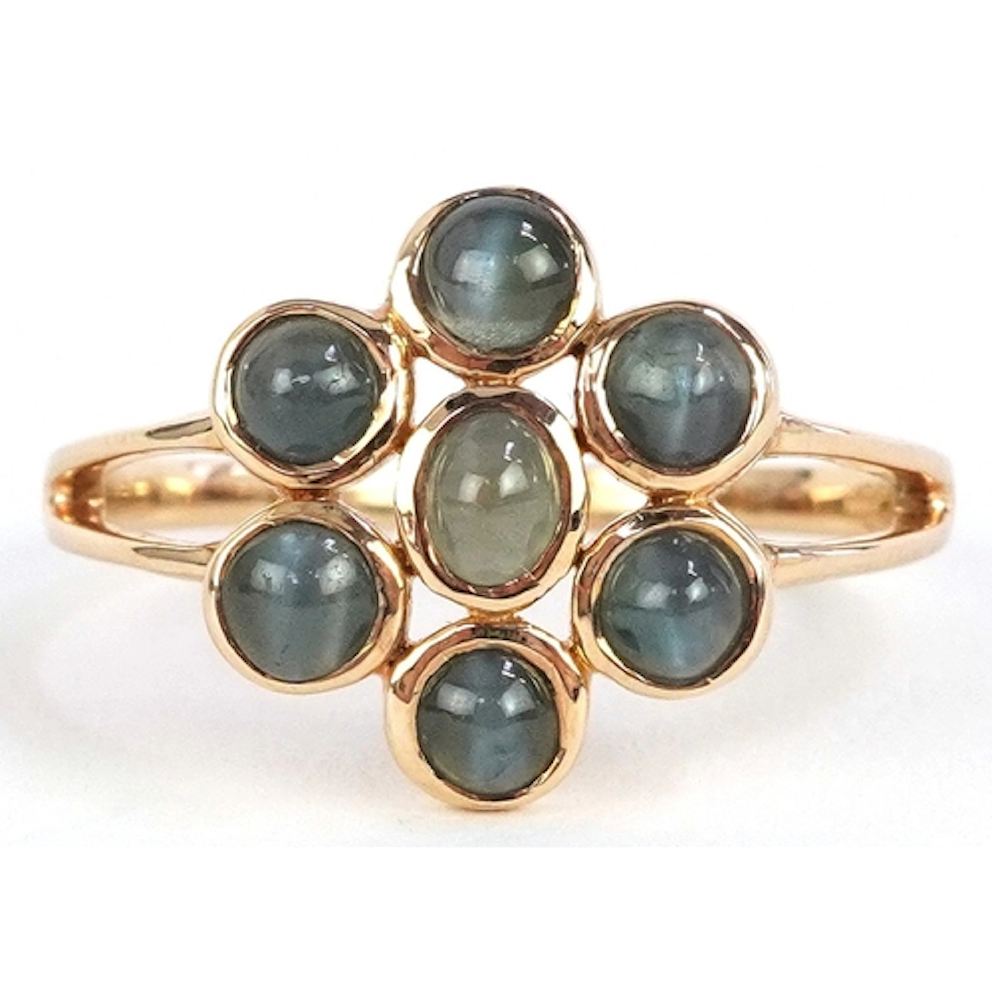 10K gold chrysoberyl cat's eye cluster ring, size R, 2.9g.