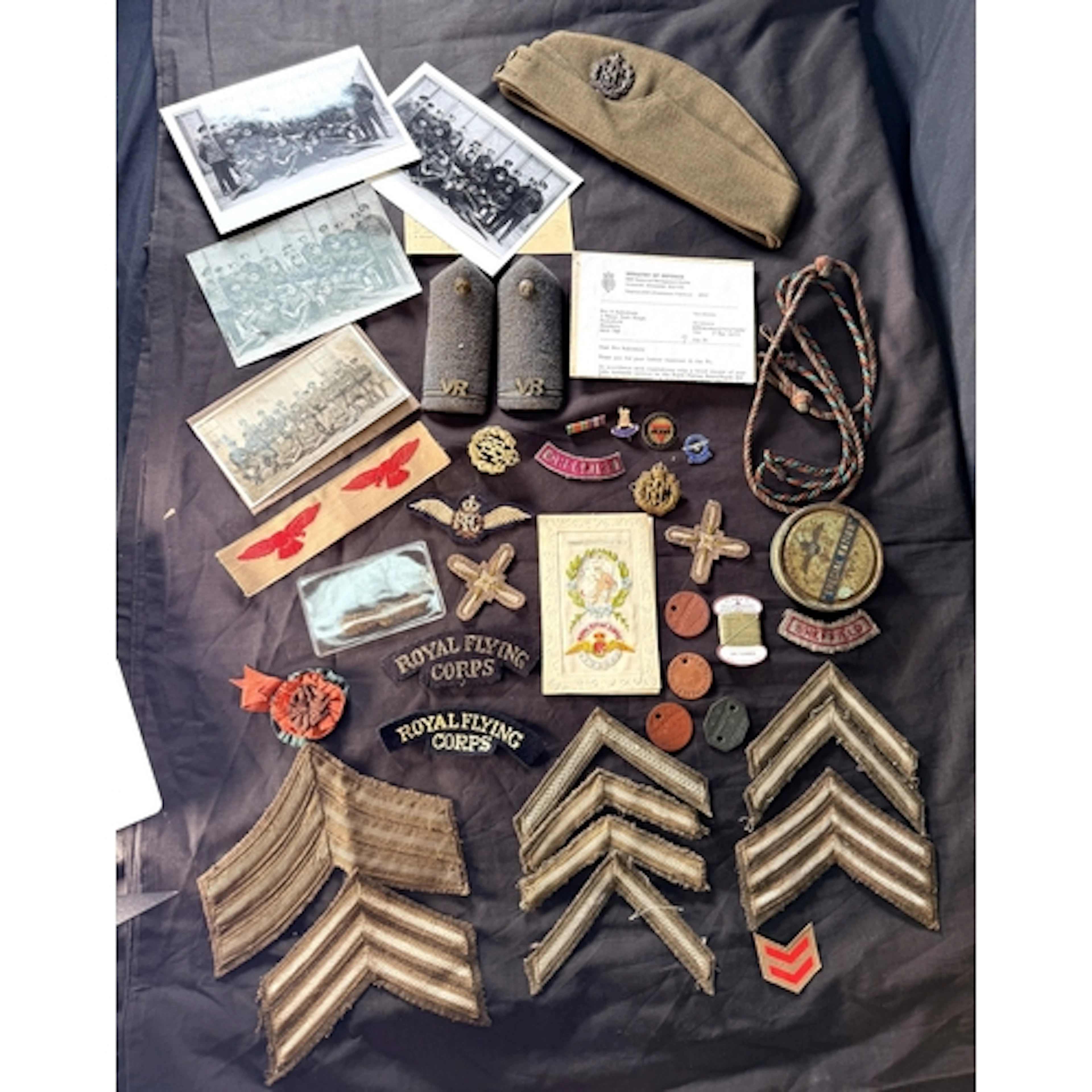 C.F Salisbury Royal Flying Corps cloth badges, cap badges, c...