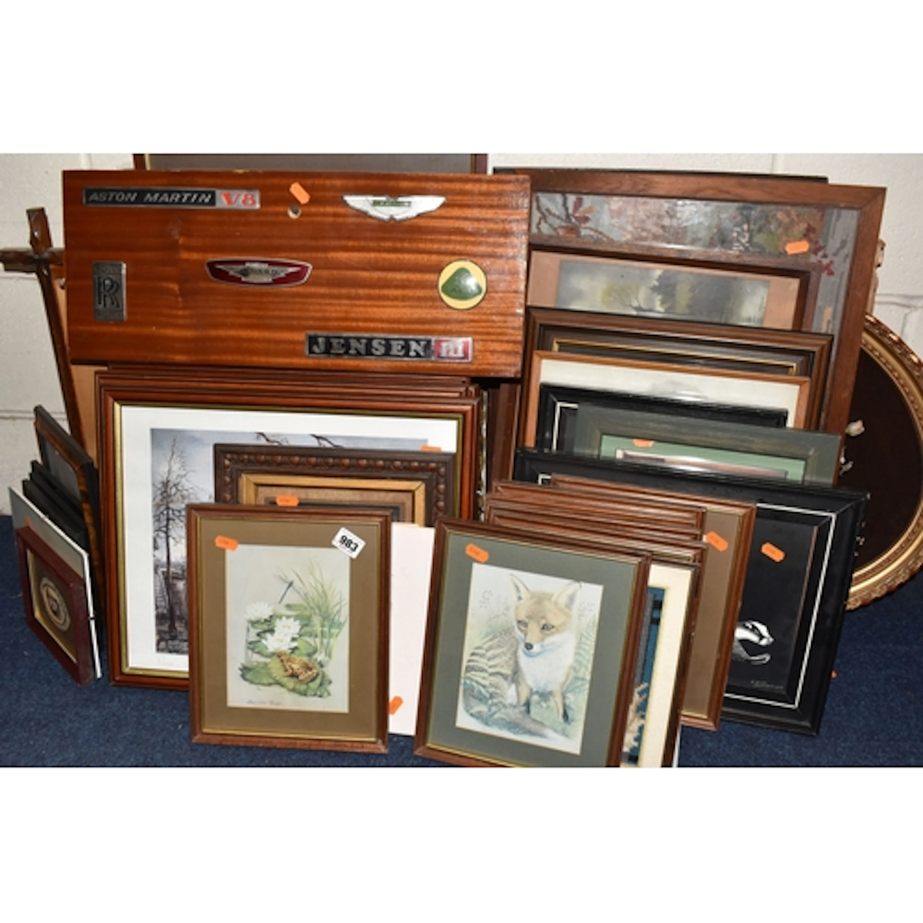 A QUANTITY OF ASSORTED PRINTS ETC, to include a wooden board...
