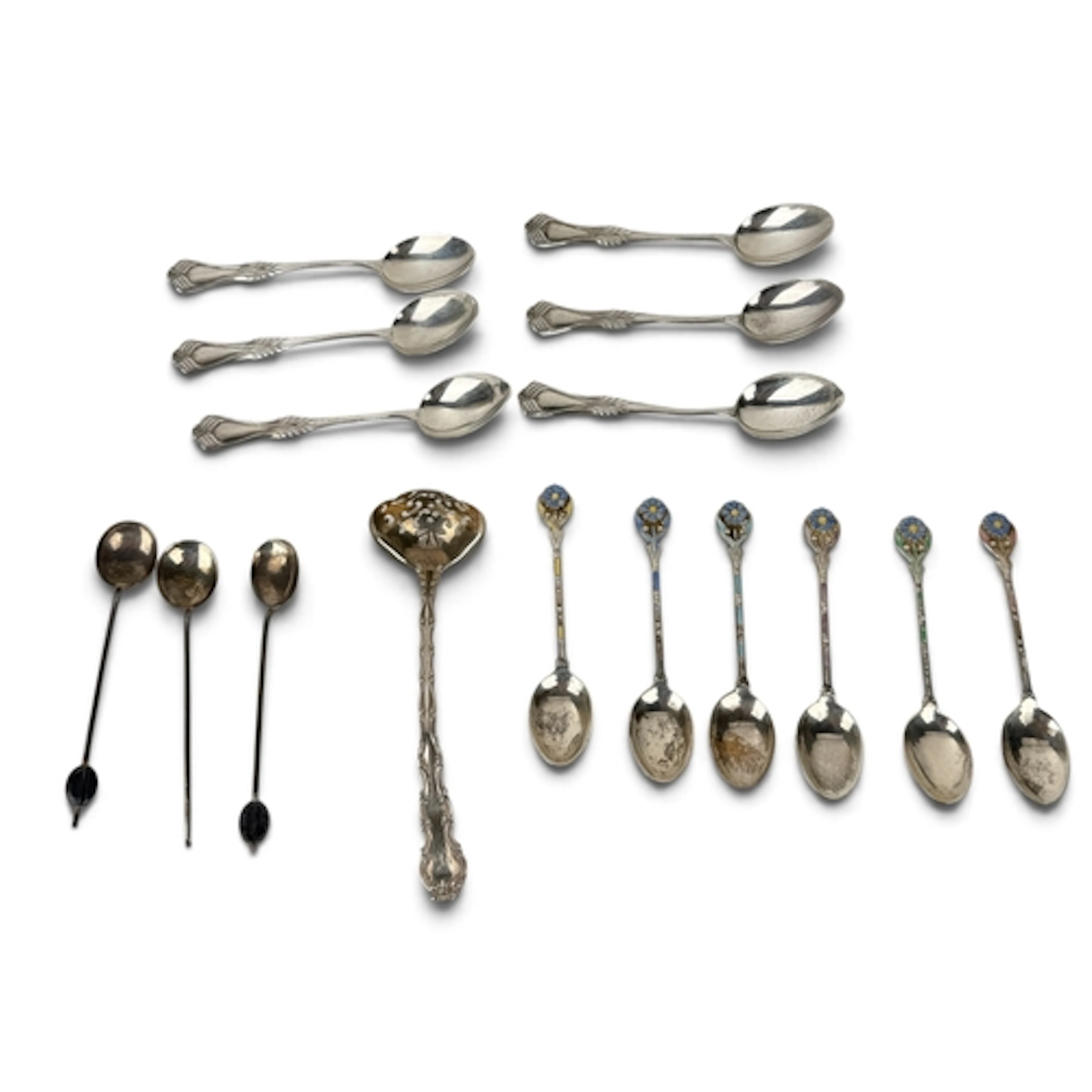 A GROUP OF SILVER SPOONS TO INCLUDE A SET OF SIX ENAMELLED M...