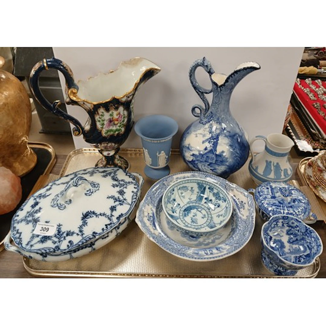Wedgwood blue Jasperware vase, a similar jug, and other blue...