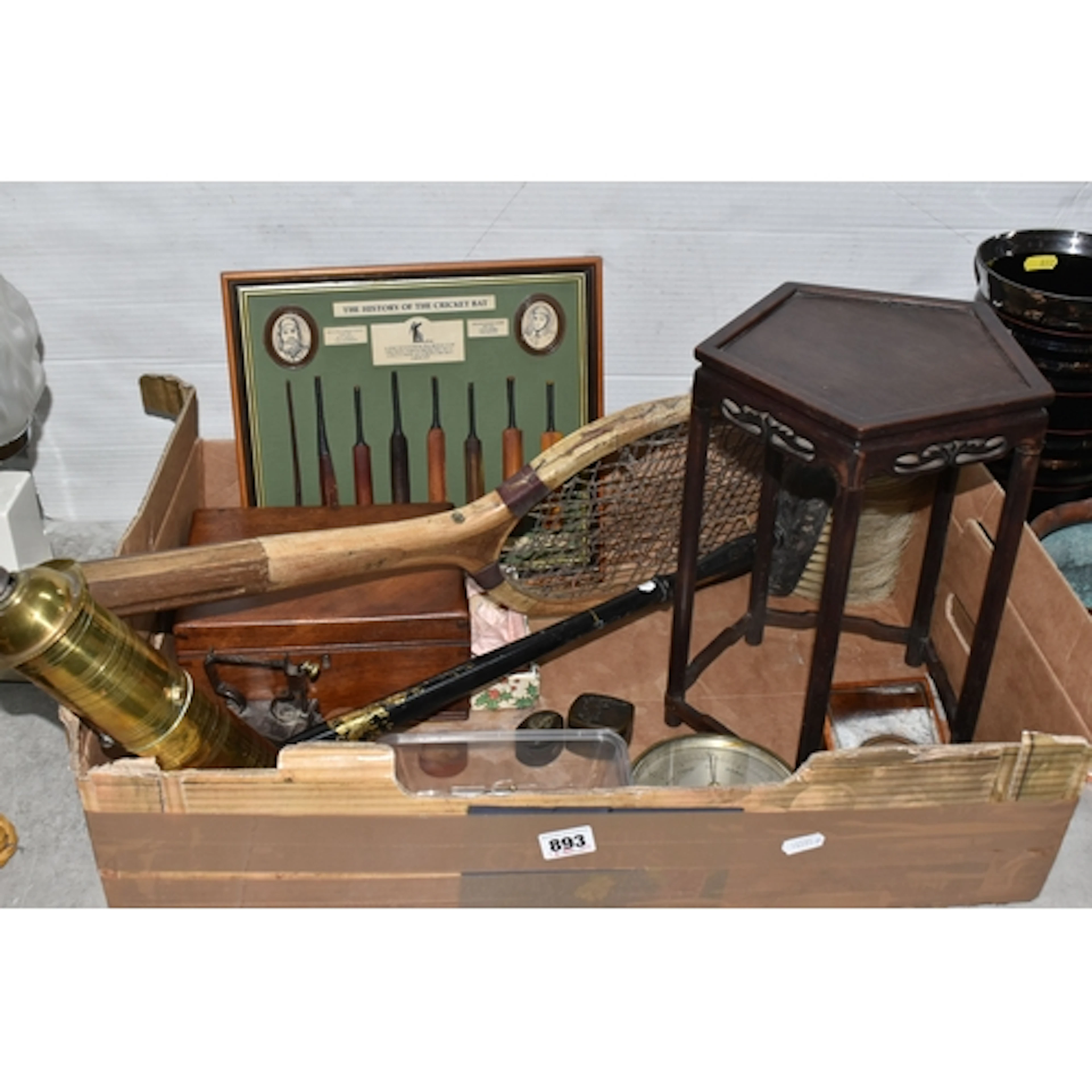 A BOX OF SUNDRY ITEMS, to include a 19th century graphoscope...