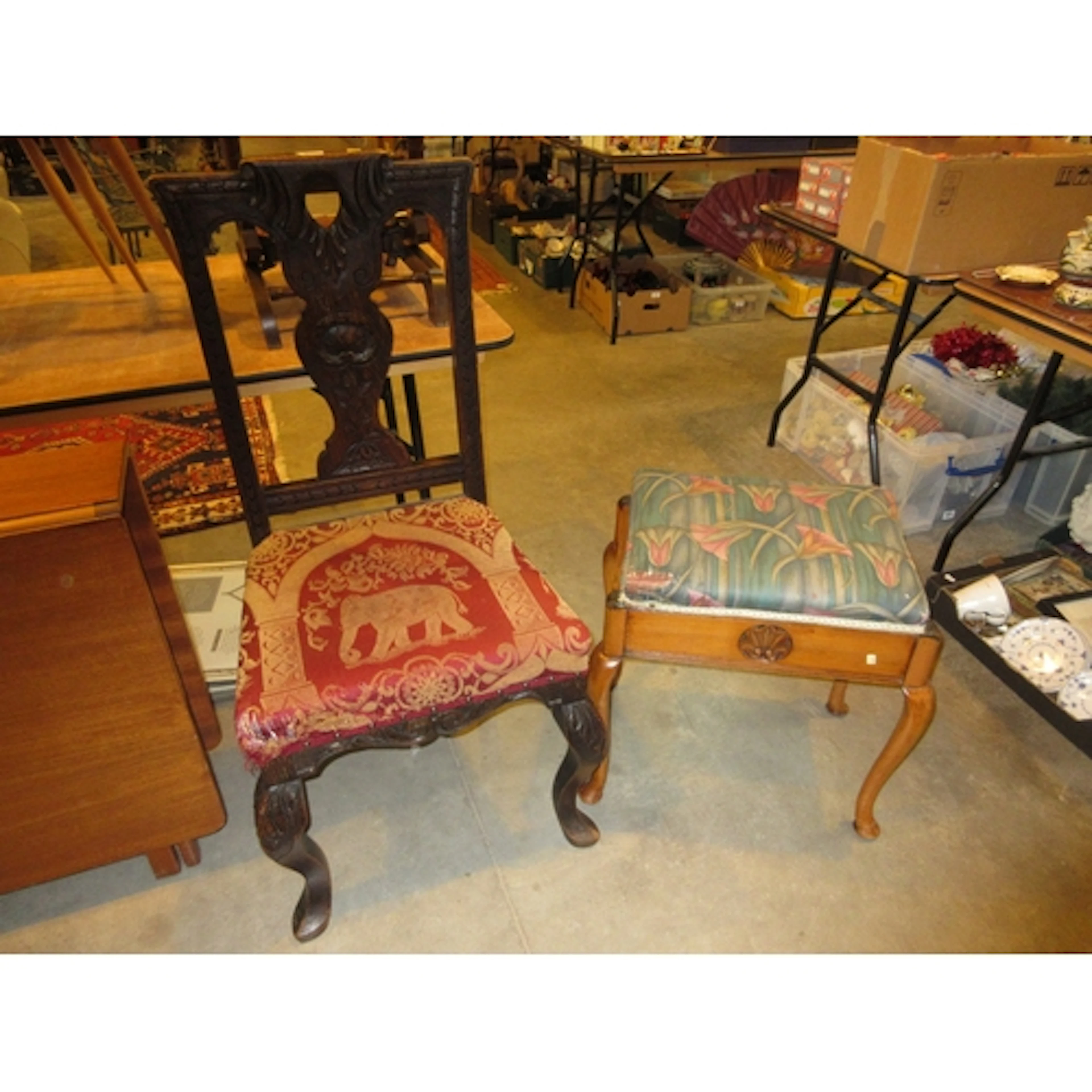 Carved Oak Hall Chair and a Piano Stool
