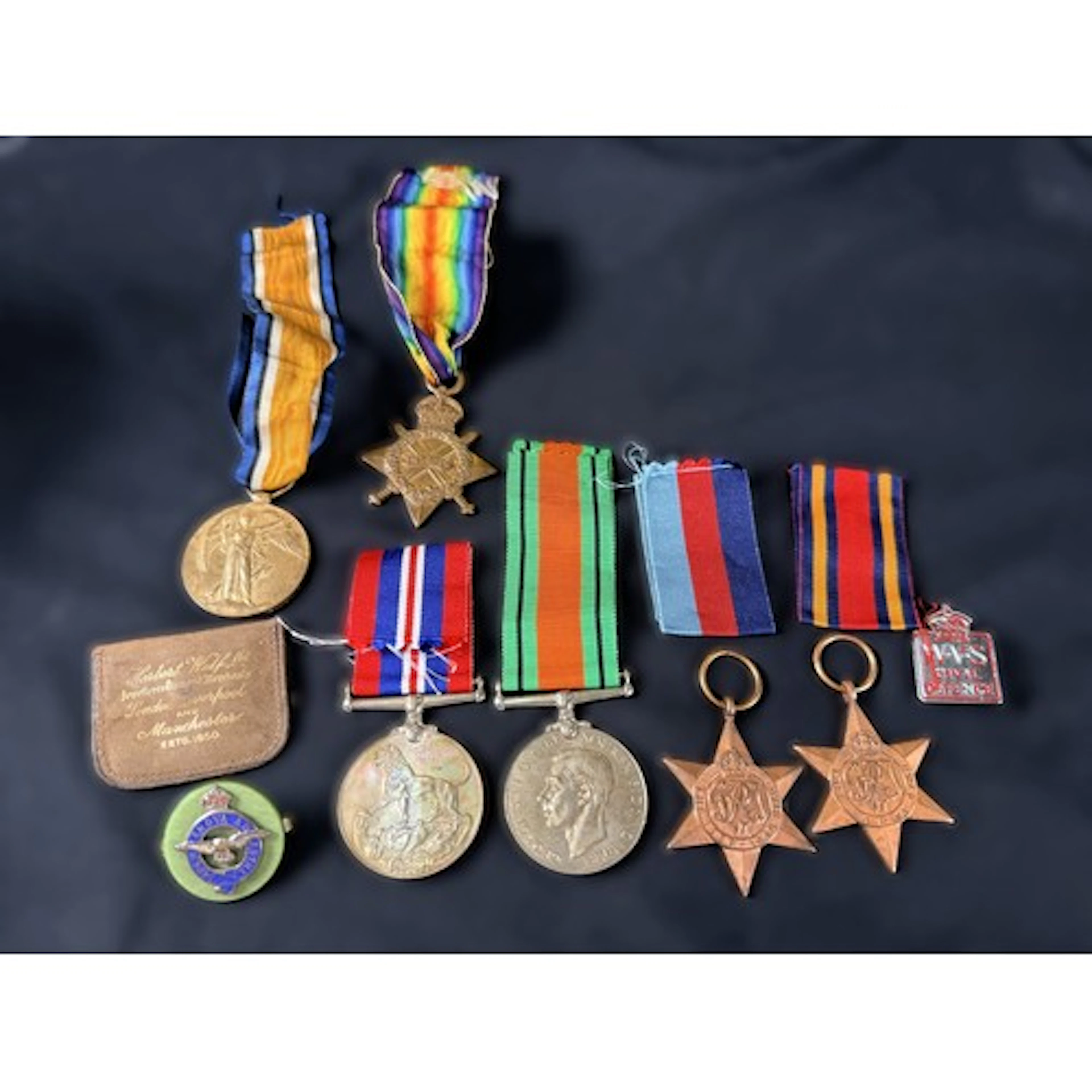 A WWI pair of medals Pte. Owens, S Lan R WWII medals etc.