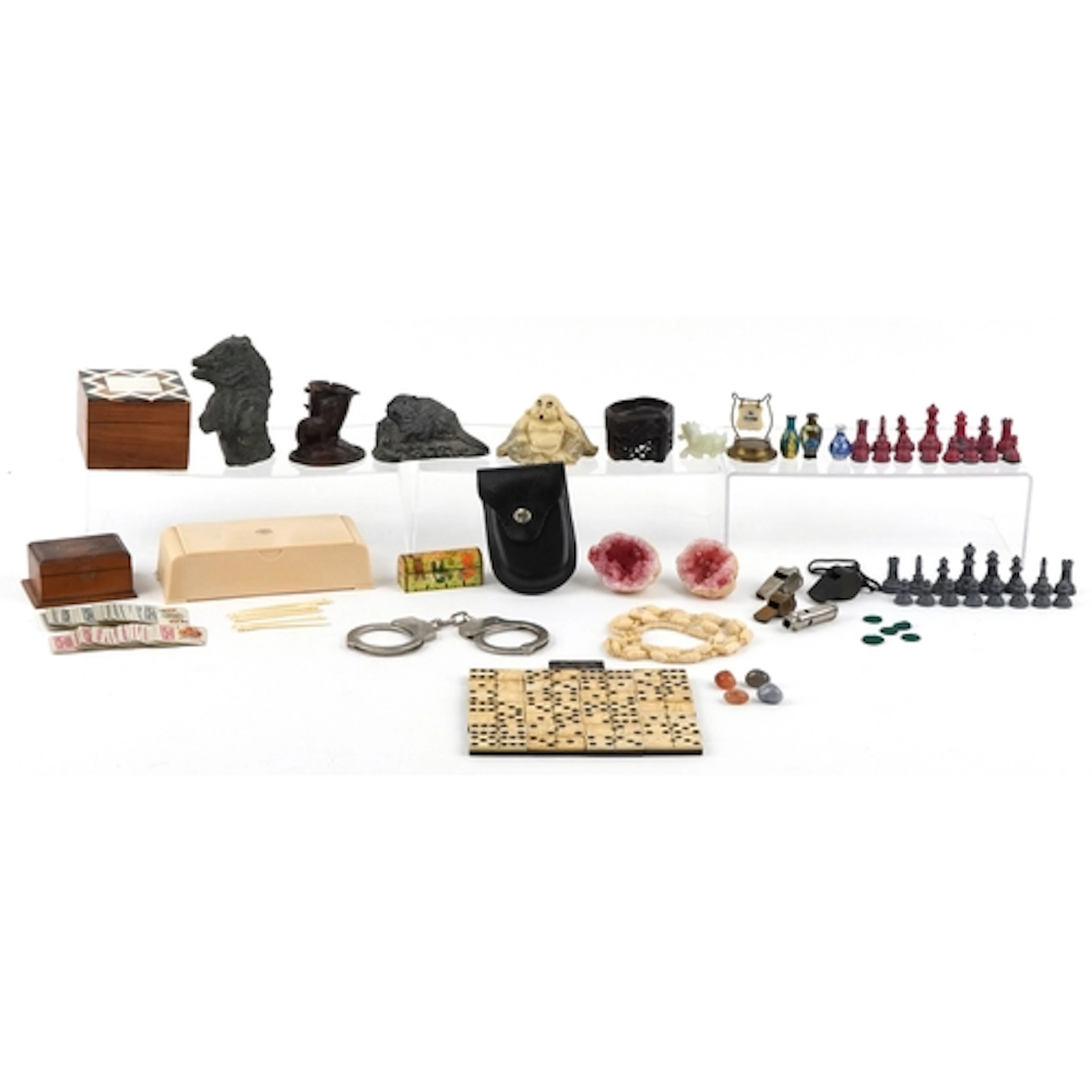 Sundry items including bone and ebony dominoes, miniature Ch...