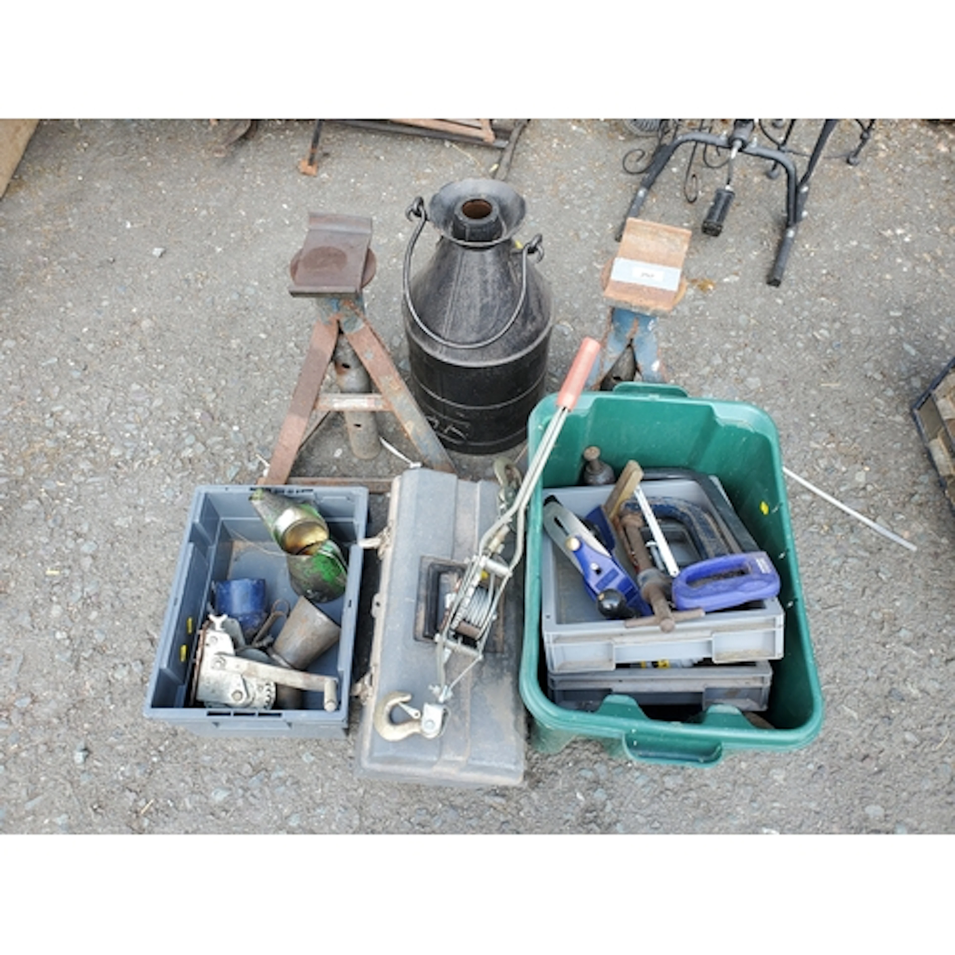 A black painted Milk Churn, a pair of Jacks, a Box of Tools,...