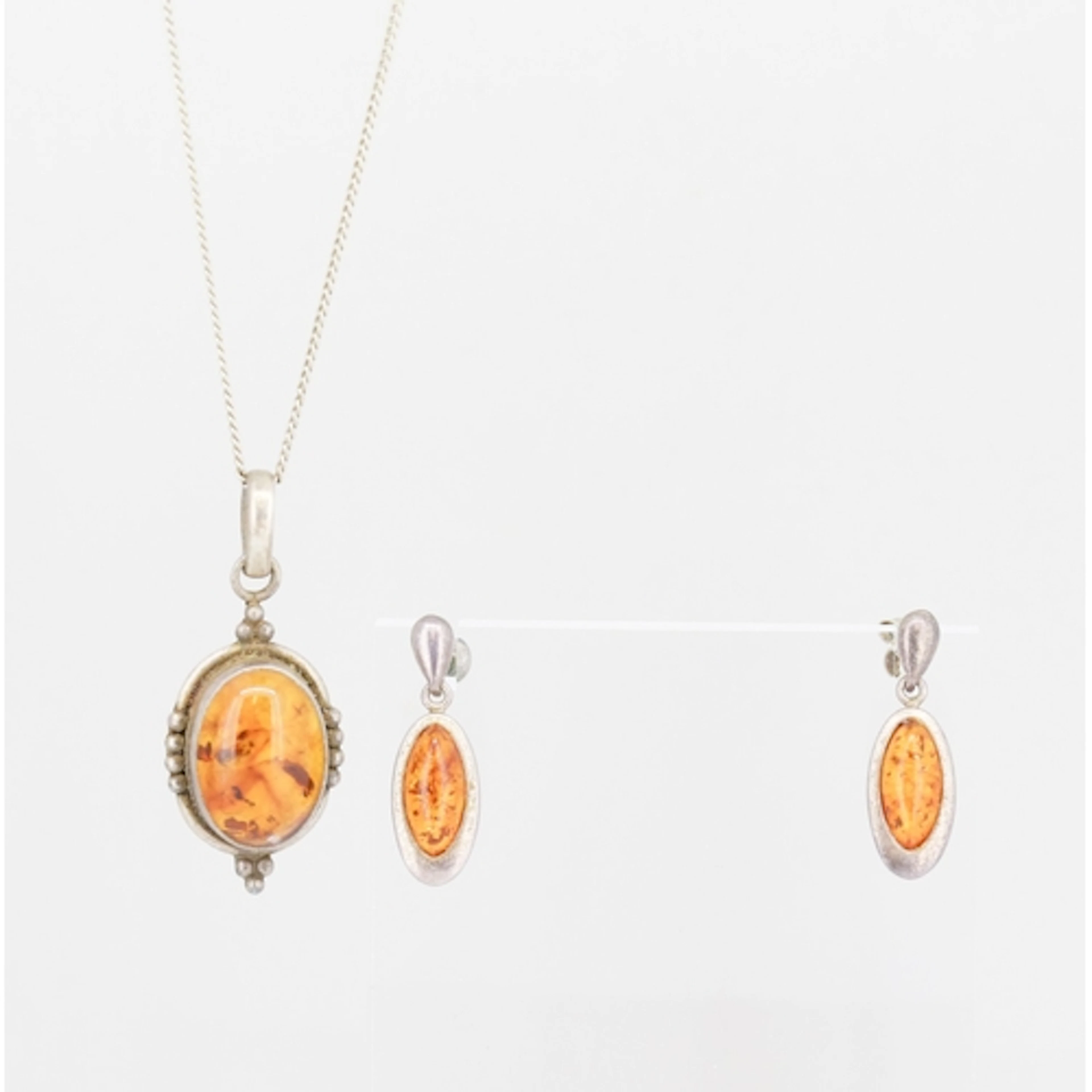 Attractively Detailed Amber Set Sterling Silver Pendant Neck...