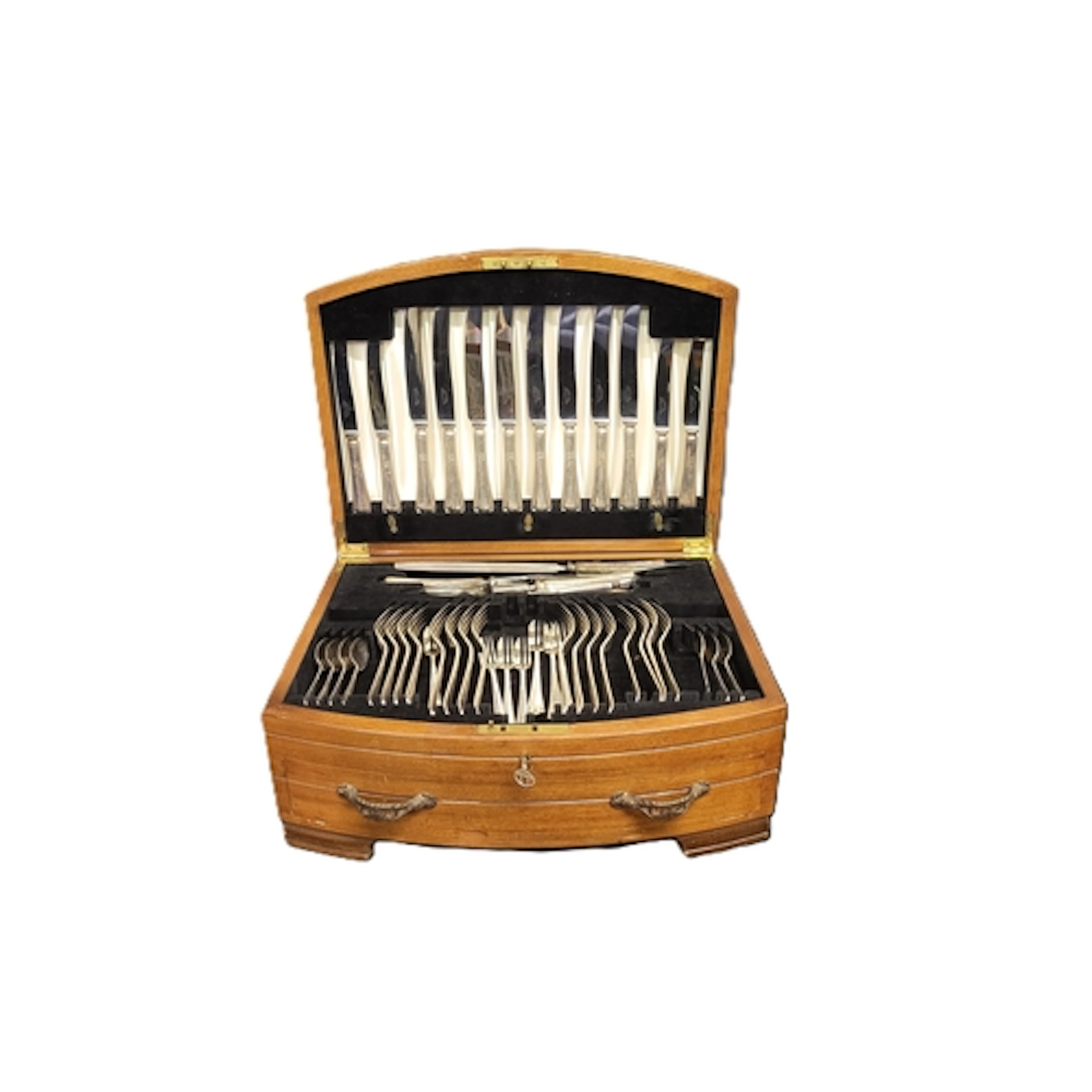 A PRE-WAR WALNUT VENEERED CASED CANTEEN OF EPNS CUTLERY, Map...