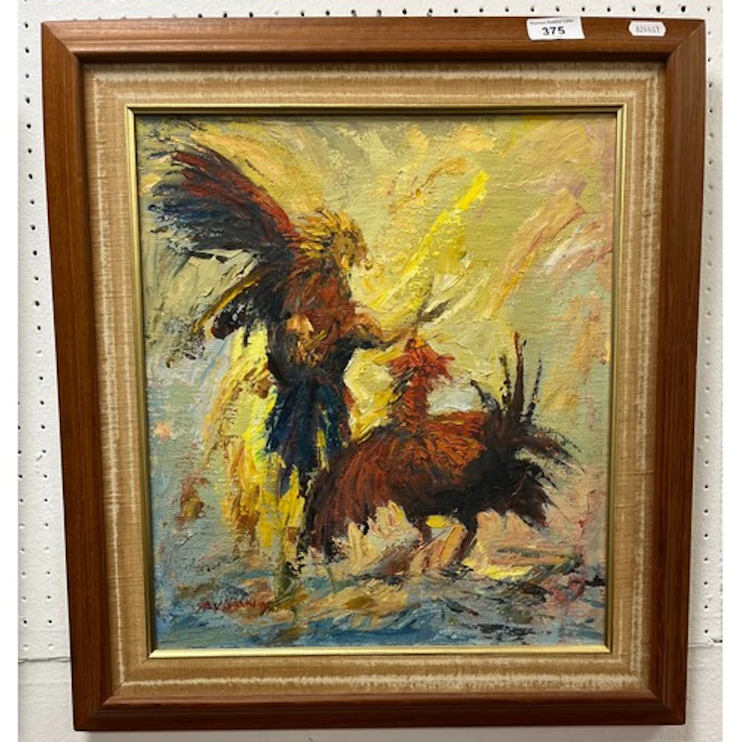 Yaychan, Abstract pair of birds, Oil on board, signed and da...