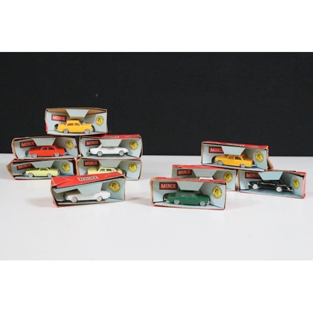 Ten boxed Minix plastic models to include Simca 1300, Austin...