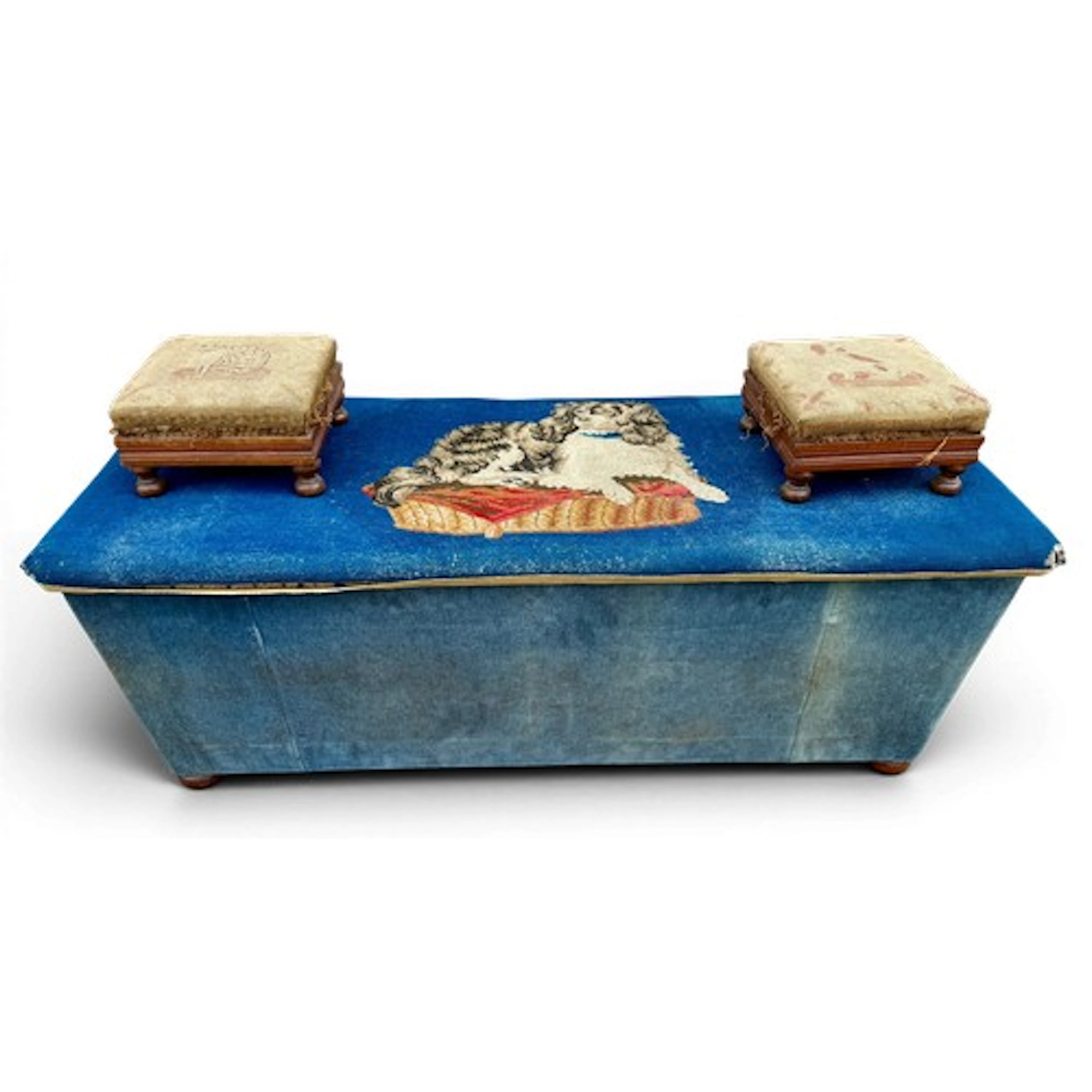 A 19thC ottoman with woolwork dog decoration to top, 129cm l...