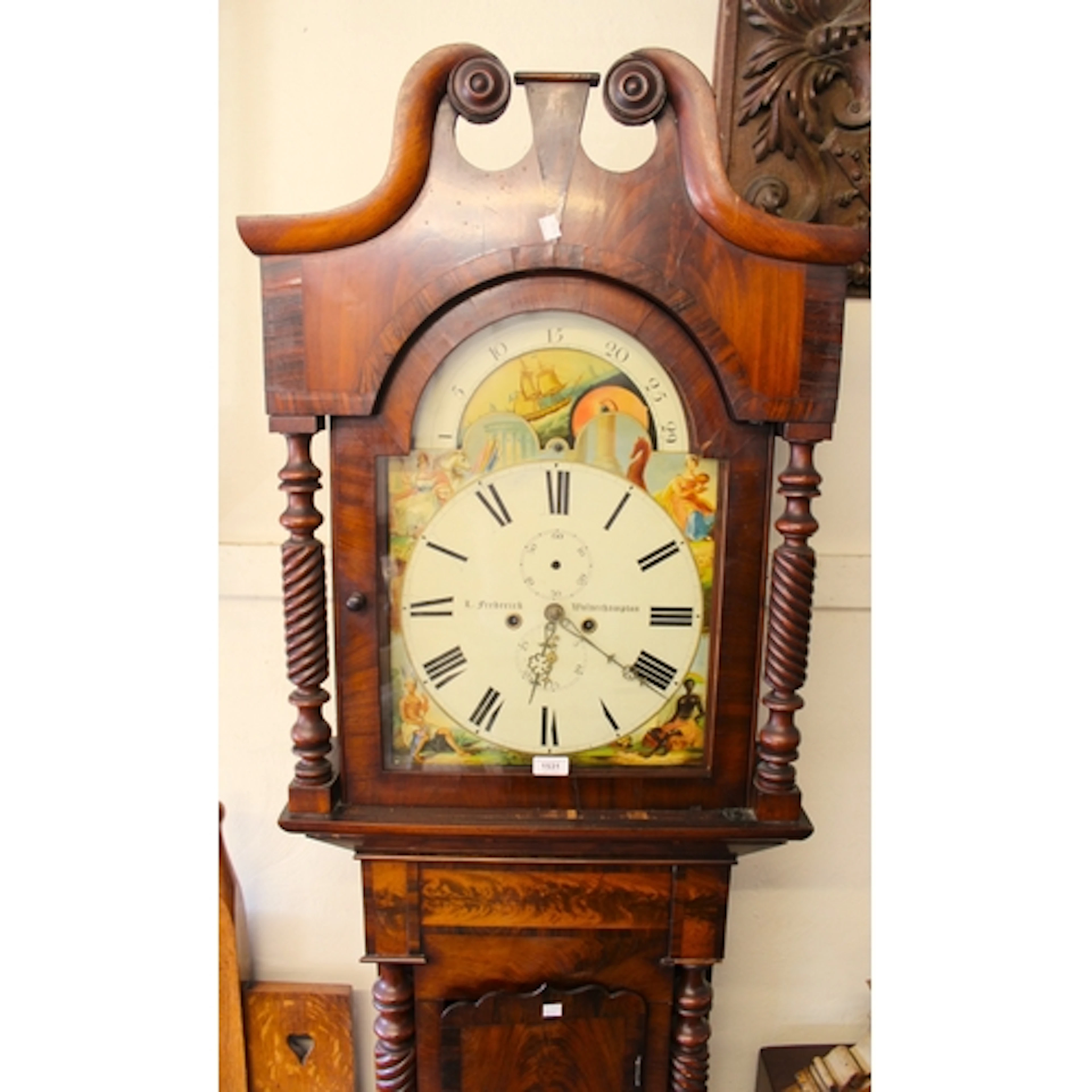 19th Century mahogany longcase clock, the painted dial with ...