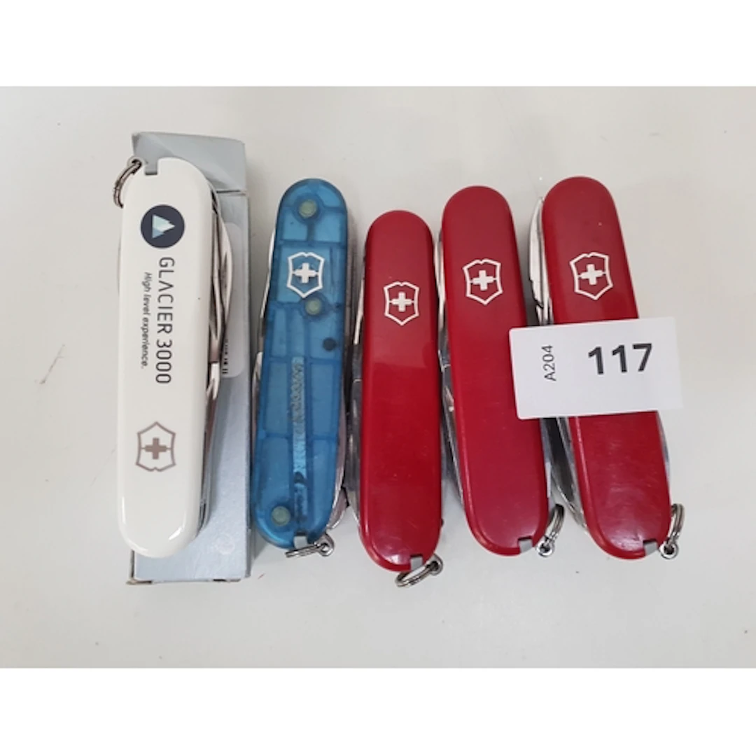 SELECTION OF FIVE VICTORINOX KNIVES INCLUDING (RED, BLUE), B...