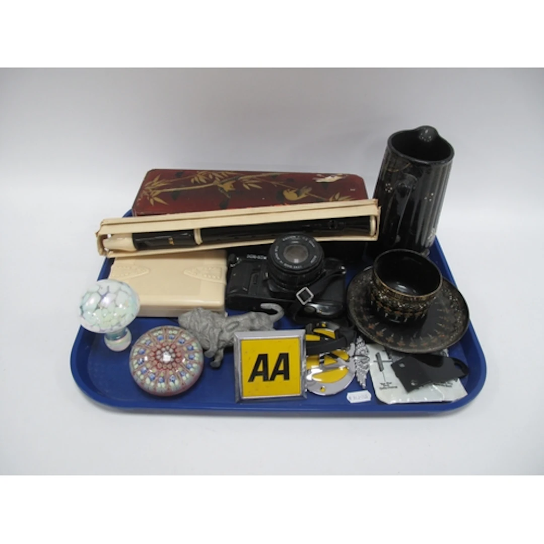 Aulos Recorder, lacquered box, Richo camera, AA badges, pape...