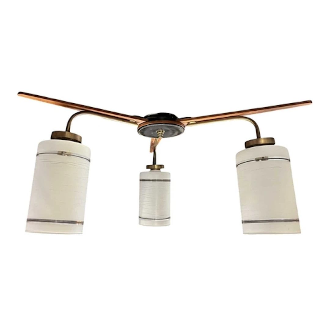 A retro mid 20th century teak and glass hanging ceiling ligh...