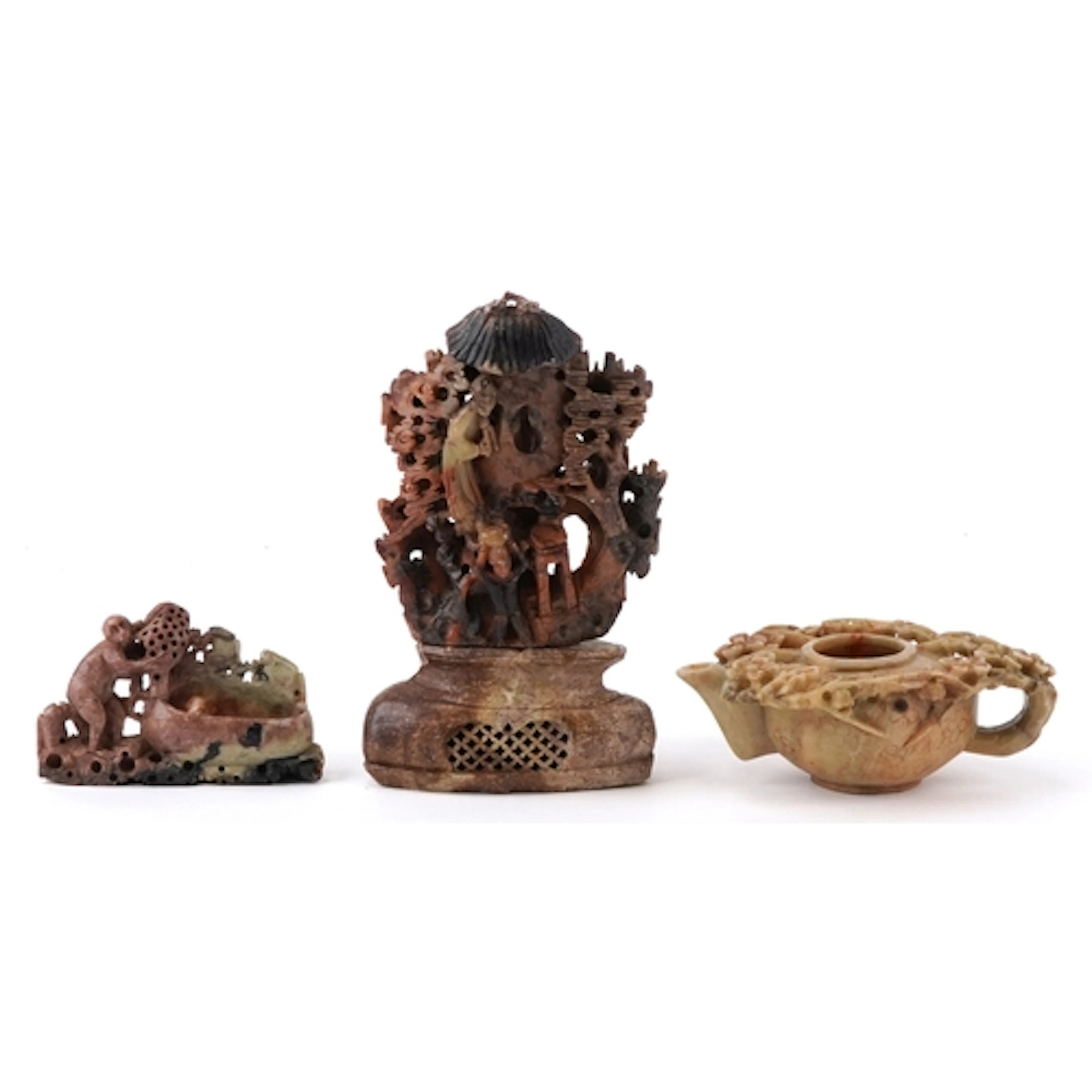 Chinese soapstone carvings to include a brush washer with a ...