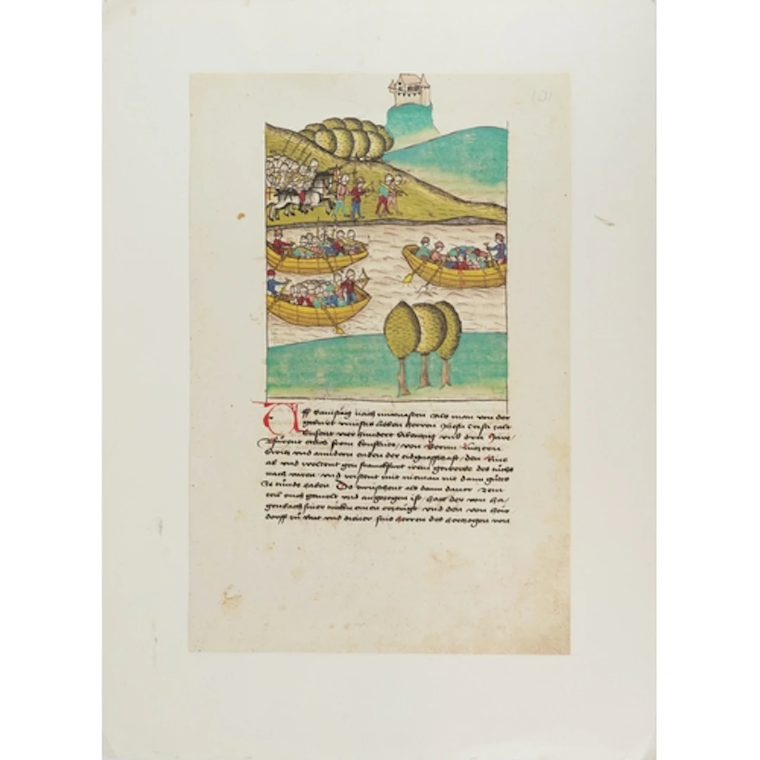 Antique style hand coloured illumination depicting medieval ...