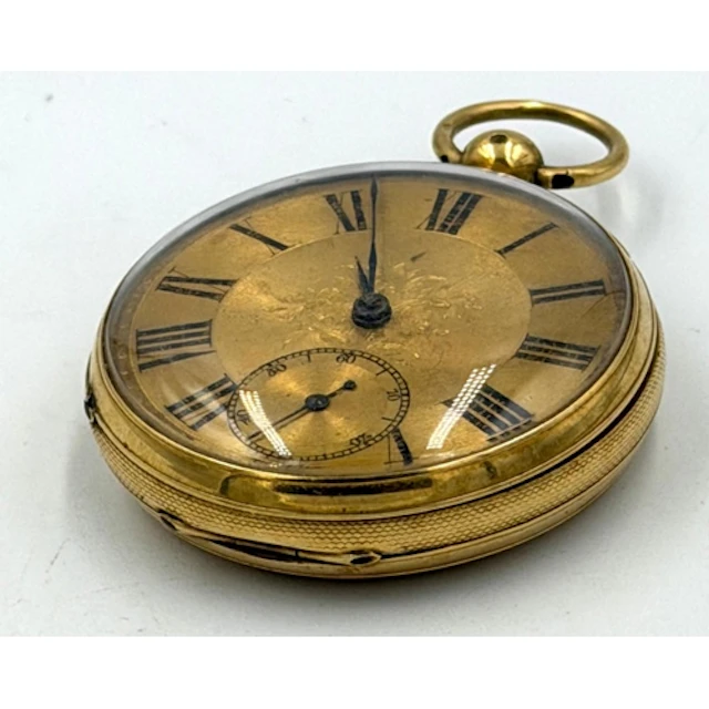 An 18ct open faced gold pocket watch with an engraved gold d...