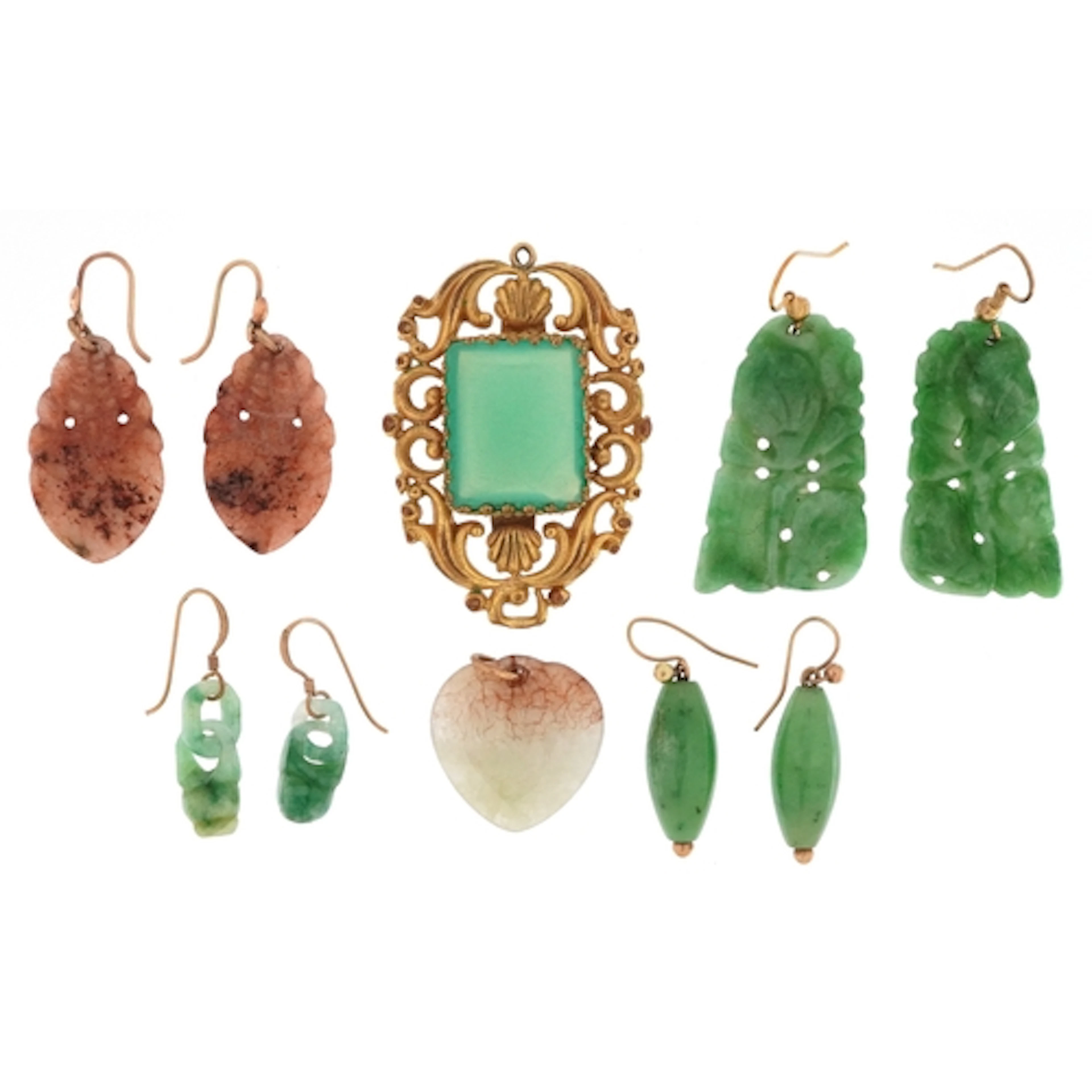 Chinese yellow metal and green stone drop earrings and penda...