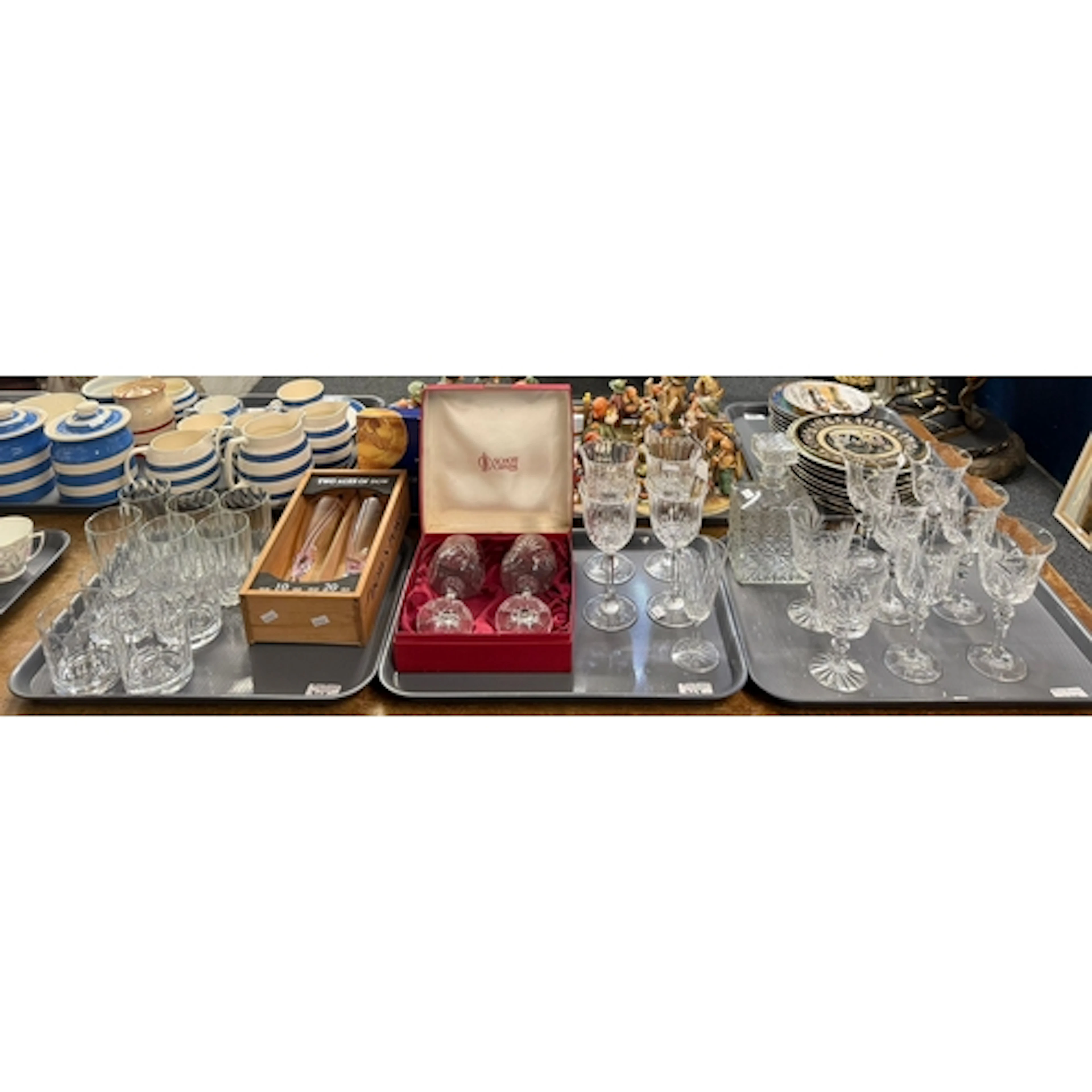 Three trays of assorted glassware to include: decanter and s...