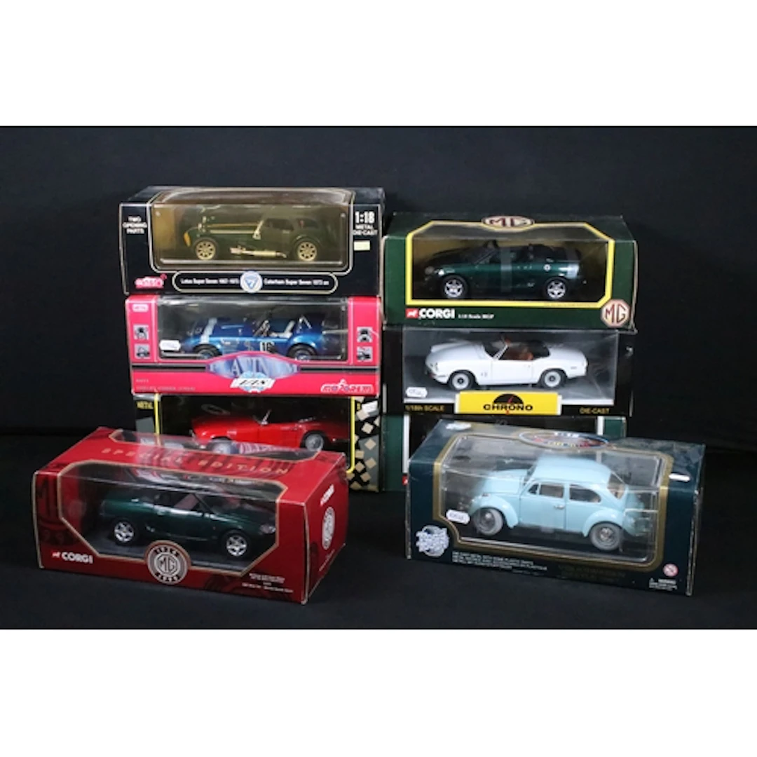 Eight boxed 1/18 diecast models to include Corgi 46602 MGF O...