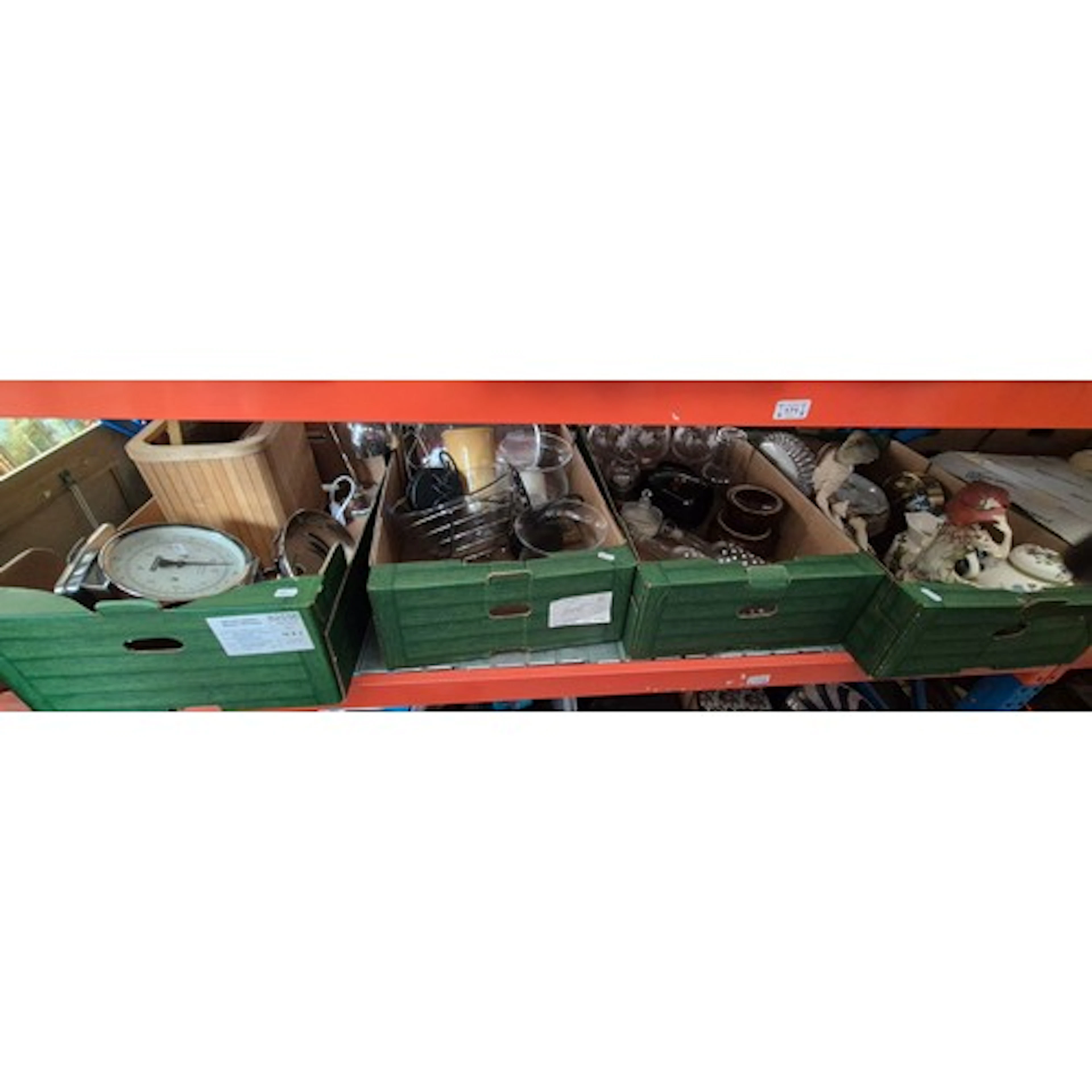 4 boxes of mixed items including kitchen scales, desk lamp, ...