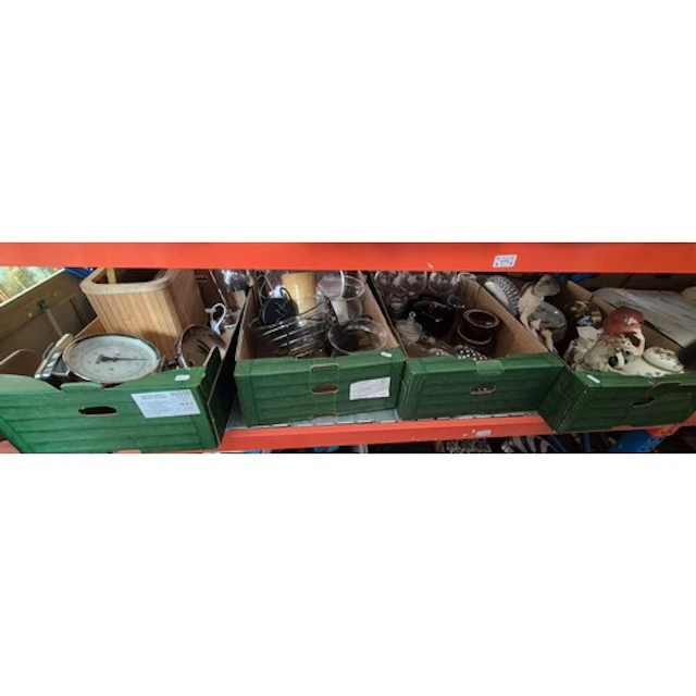 4 boxes of mixed items including kitchen scales, desk lamp, ...