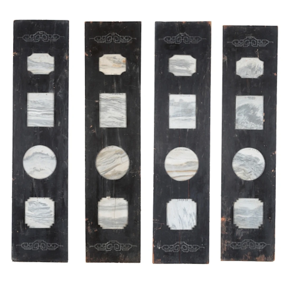 A set of four Chinese dreamstone inset ebonised wood panels,...