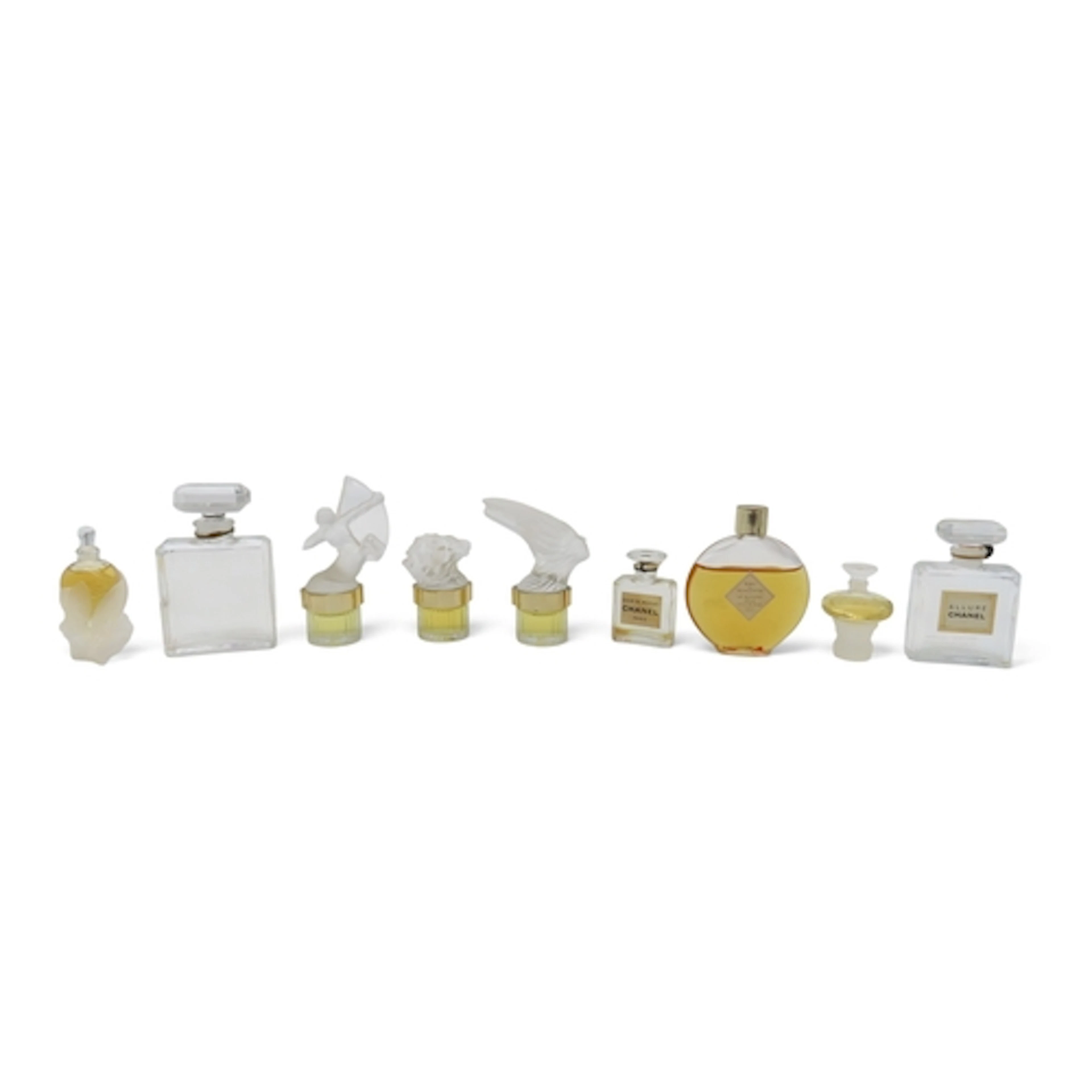Three retro miniature Chanel scent bottles, Lalique col...