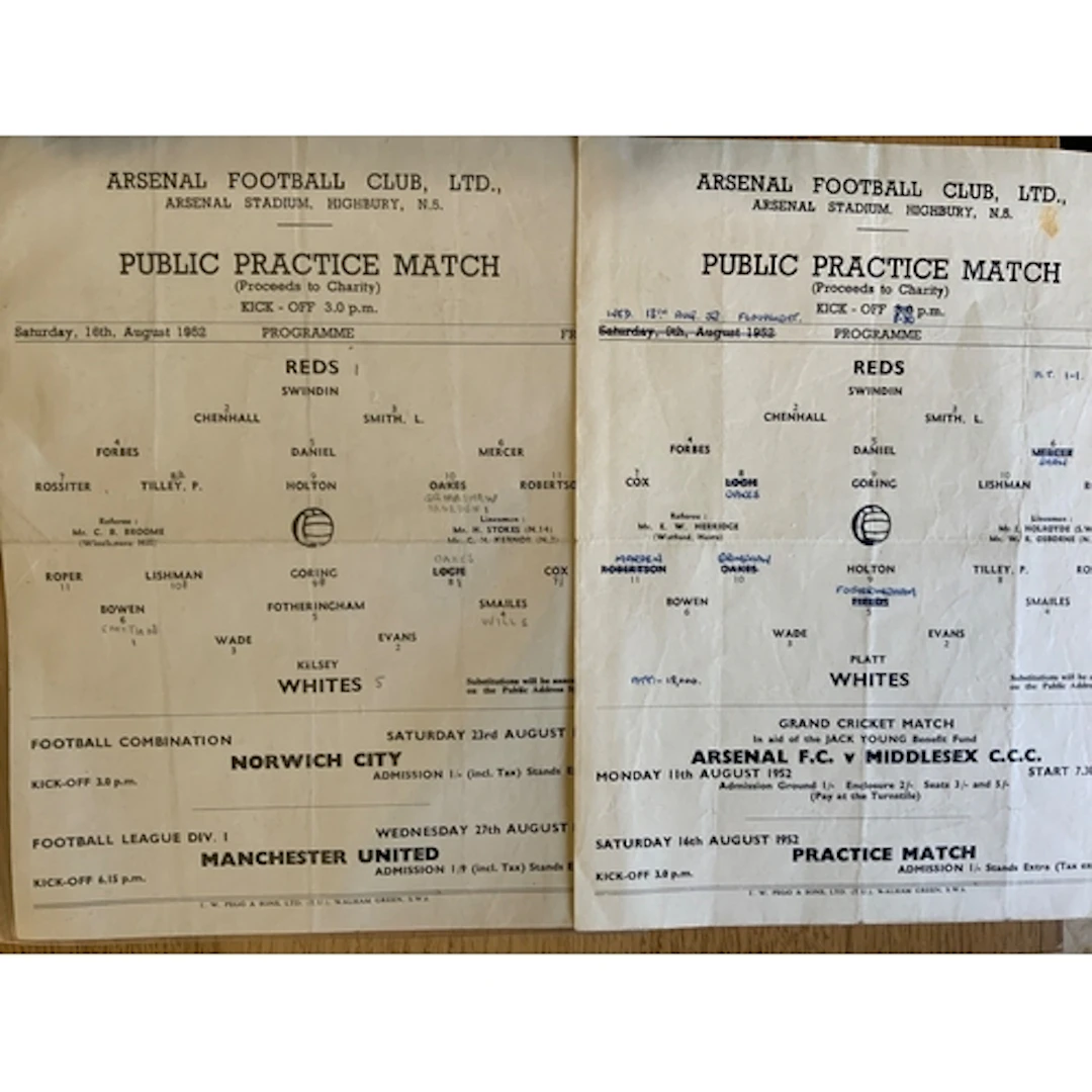 1952 Arsenal Practice Match Football Programmes: Reds v Whit...