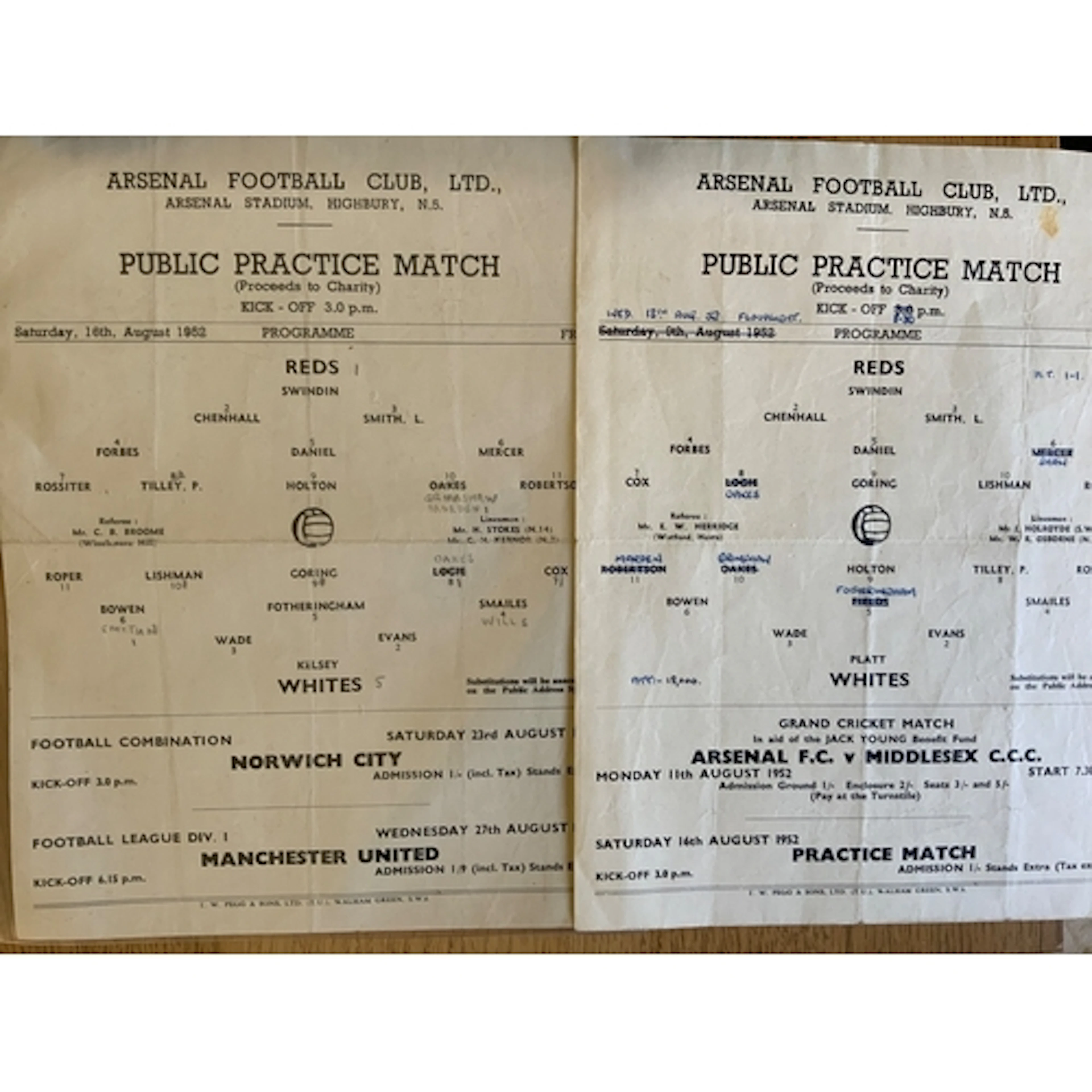 1952 Arsenal Practice Match Football Programmes: Reds v Whit...