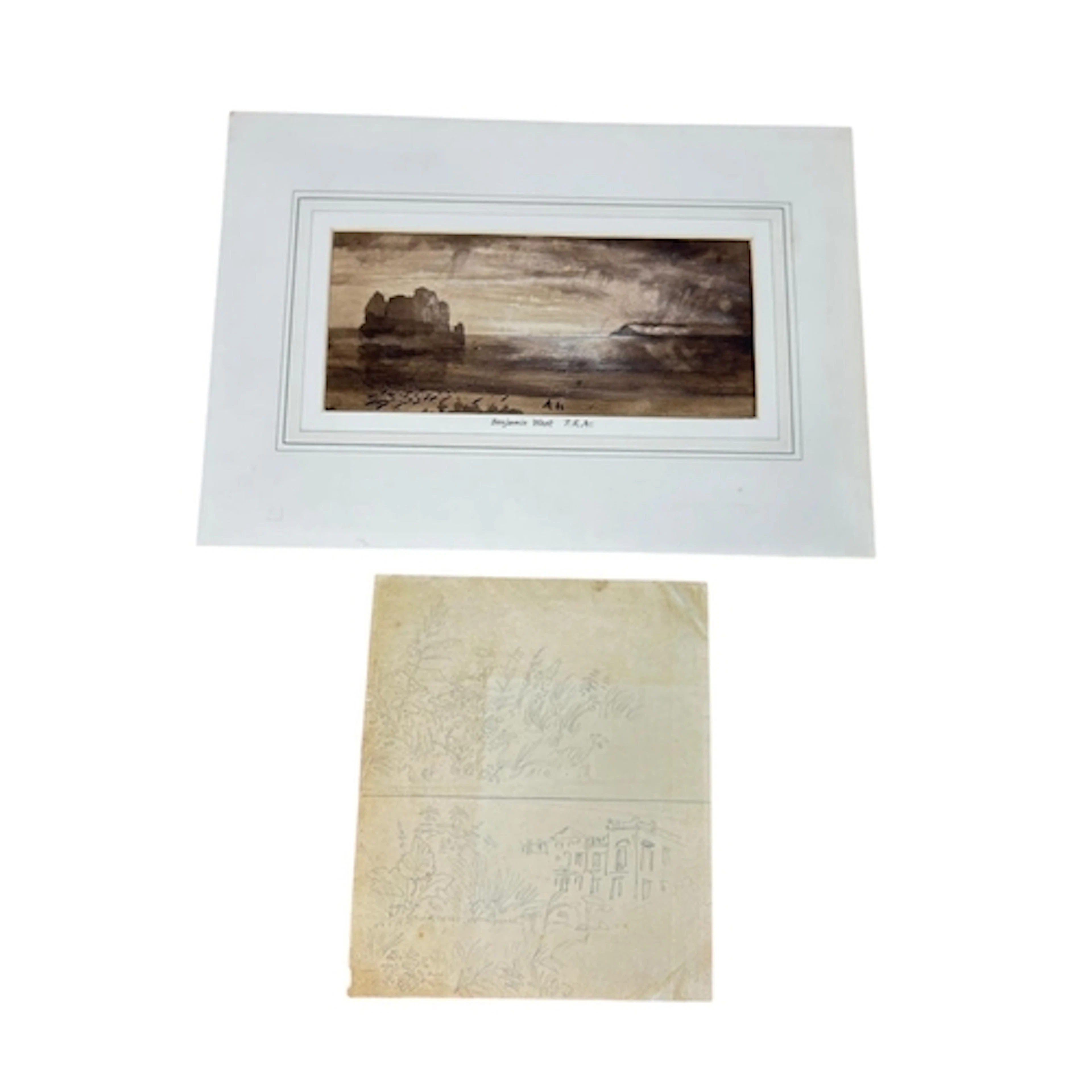 TWO TOPOGRAPHICAL VIEWS ON PAPER: ONE WATERCOLOUR PAINTING A...