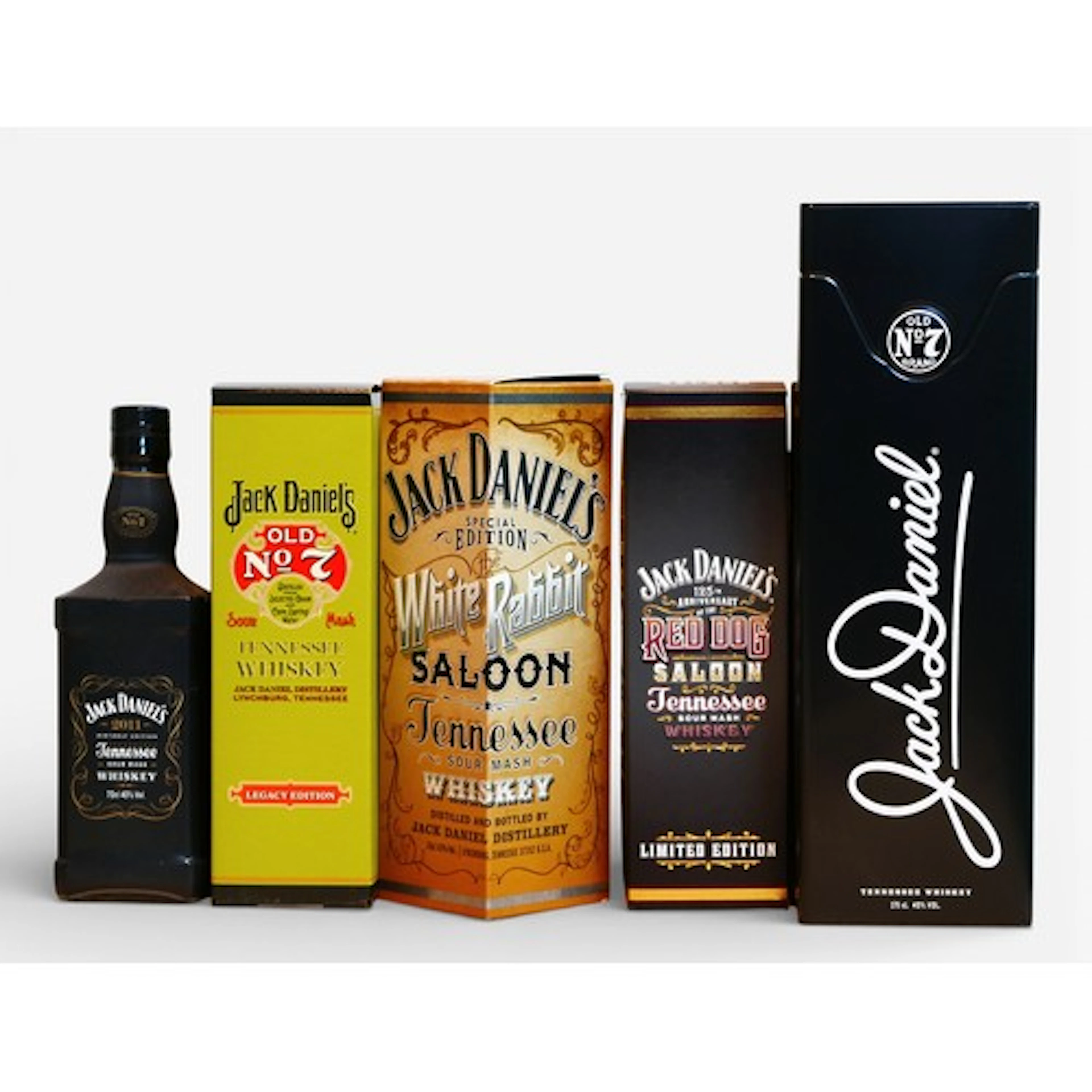 Five bottles of Jack Daniels Kentucky bourbon, including a b...