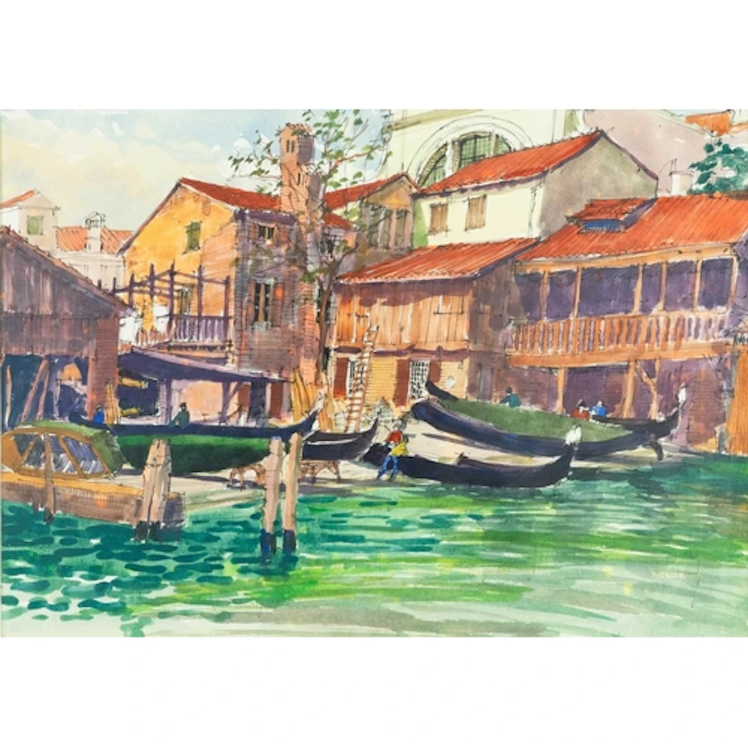 § John MILLER (1931-2002) Boatyard, Venice Ink and gouache,...