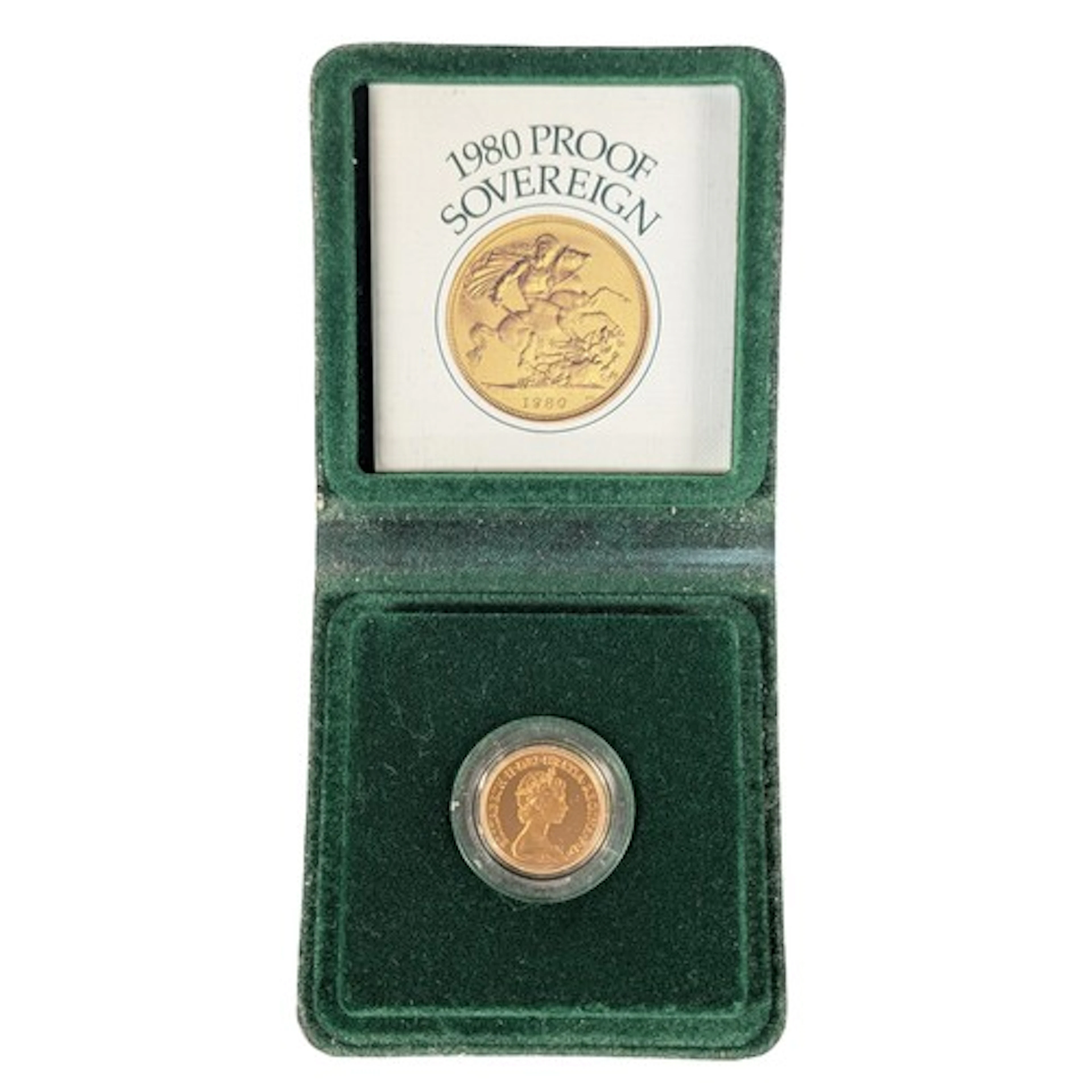 An Elizabeth II proof sovereign dated 1980, cased with certi...