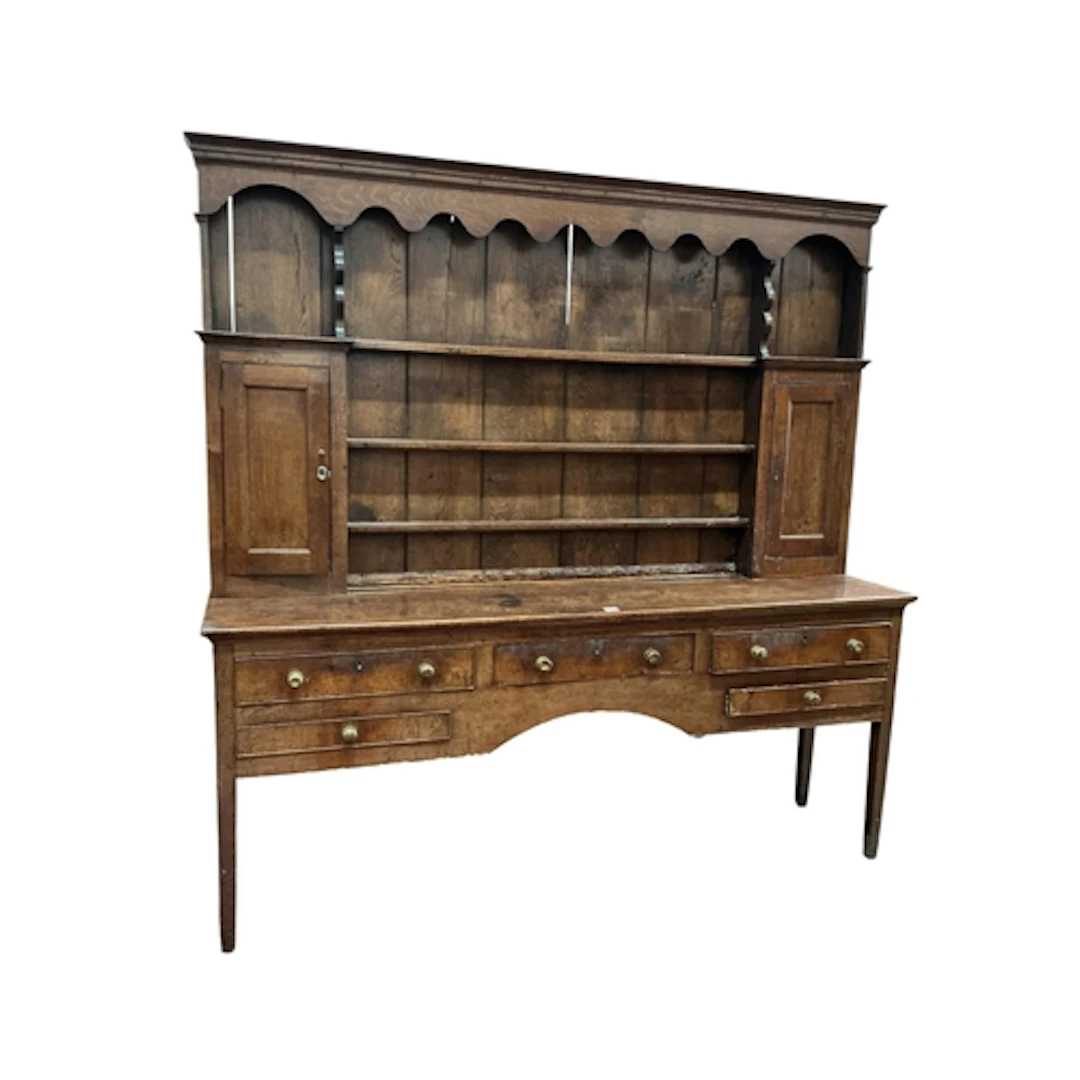 A mid 18th century oak Welsh dresser, width 214cm, depth 48c...