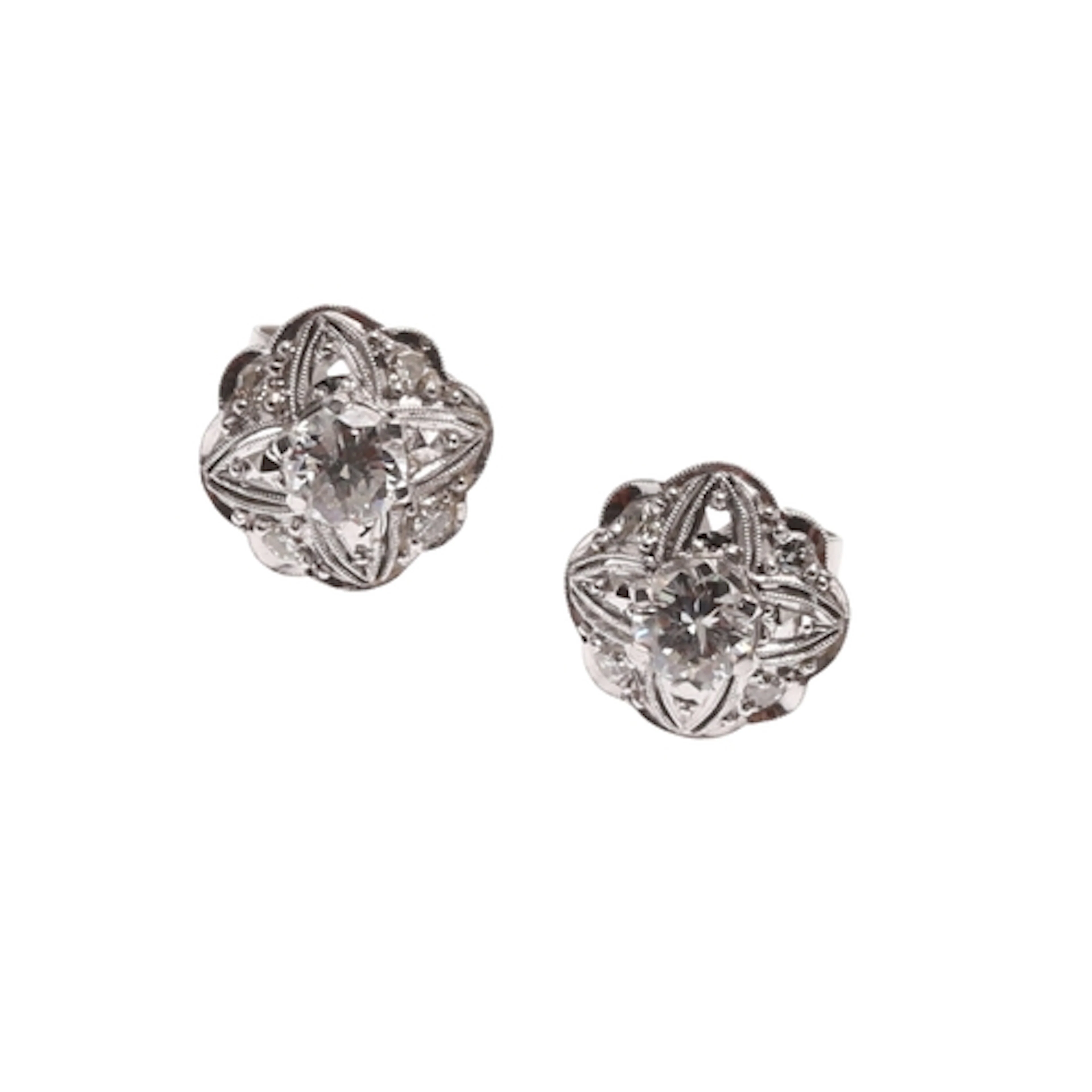 A PAIR OF DIAMOND CLUSTER STUD EARRINGS. each earring centre...