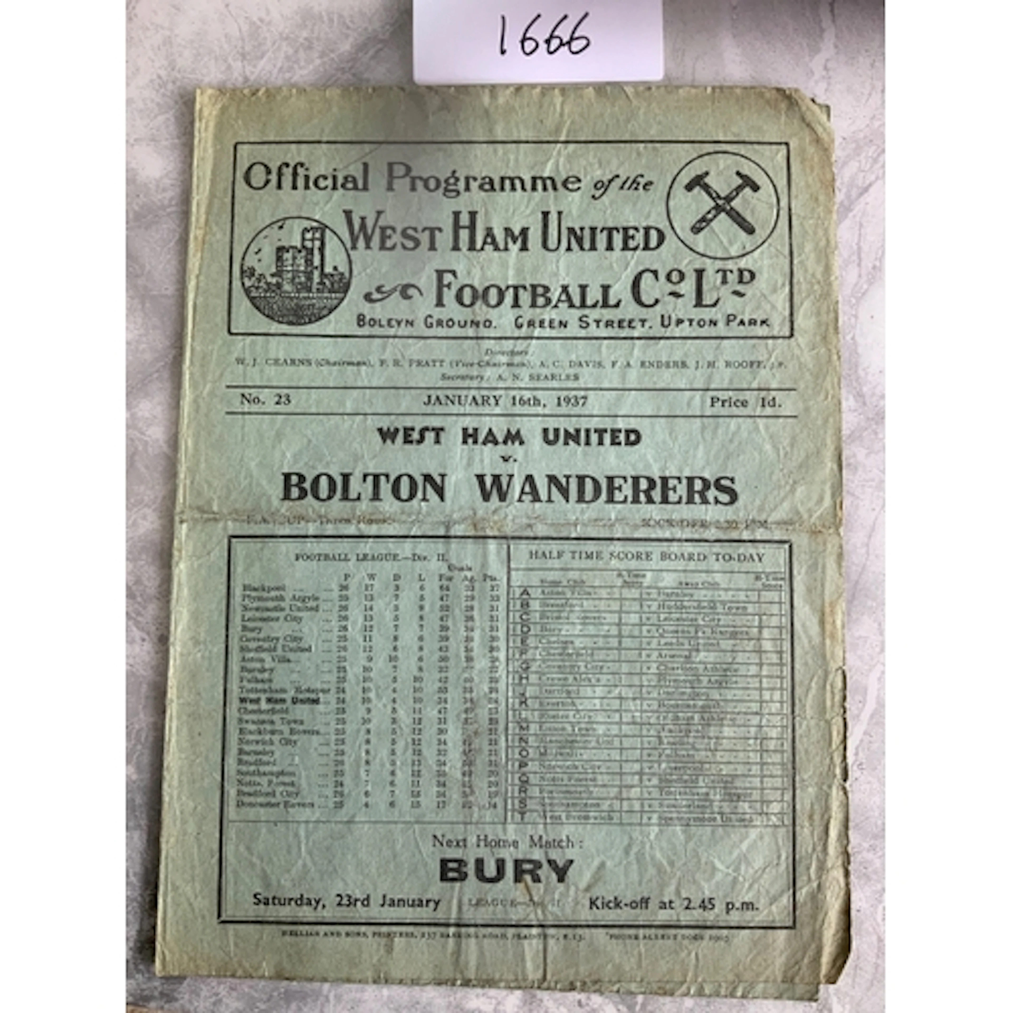 36/37 West Ham v Bolton Football Programme: Fair/good condit...