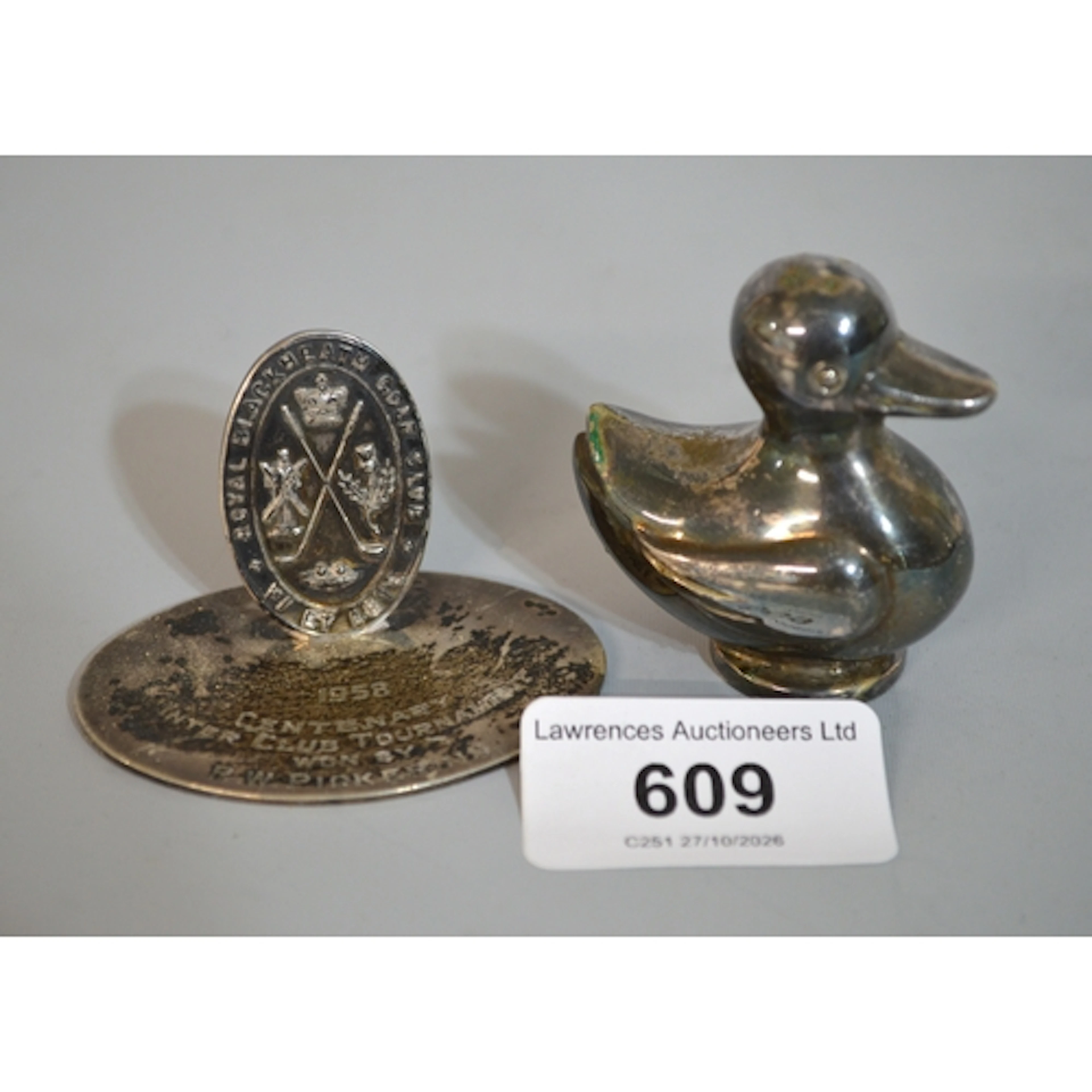 Royal black golf club 1958 Centenary silver menu holder, tog...