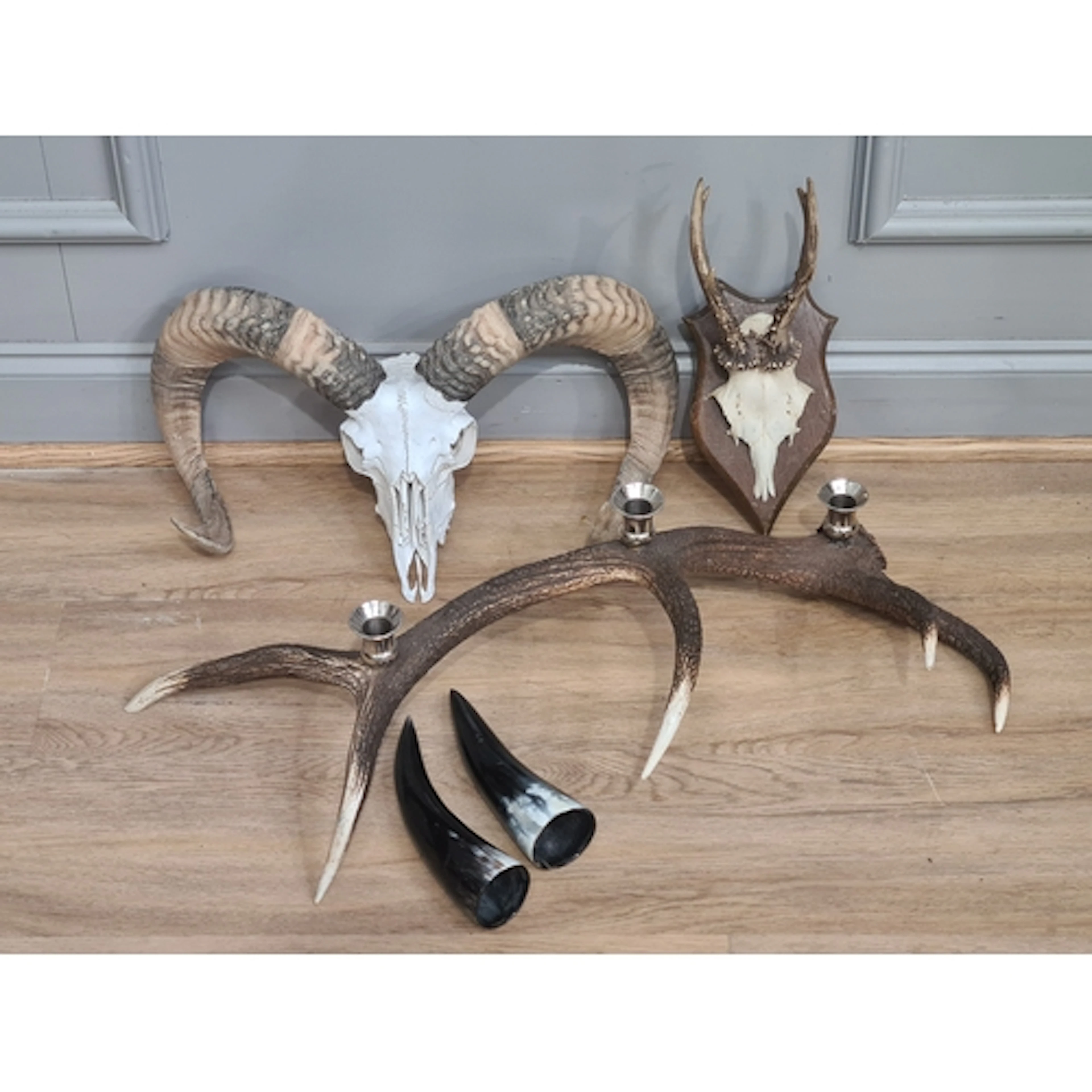 An Antler Candelabra, a Rams Skull and Horns, a Roe Deer cap...